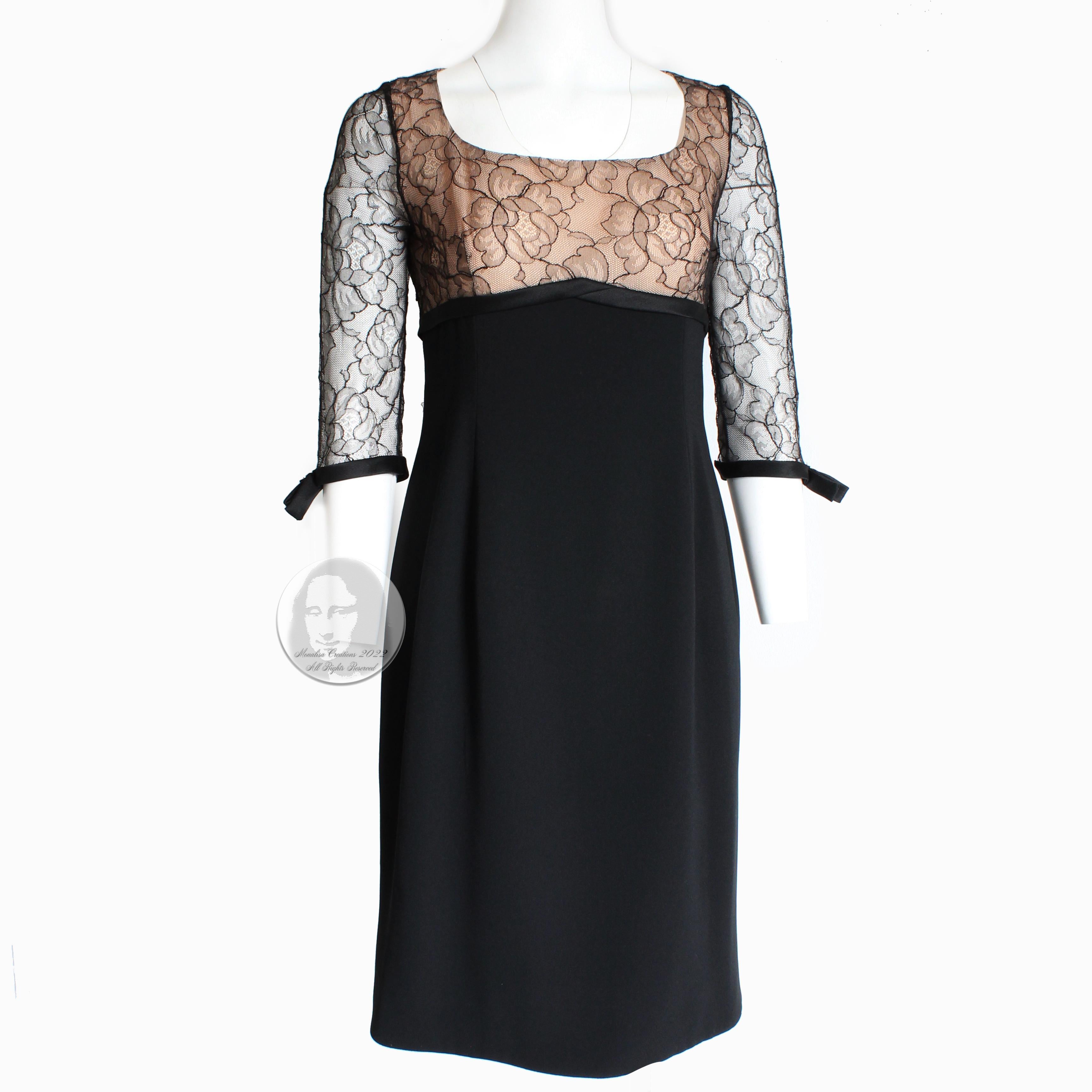 Here's a pretty cocktail dress from Travilla, most likely made in the 1960s. Made from what we suspect is a silk/wool blend fabric, it features an illusion lace bodice, sheer lace half sleeves and black silk satin ribbon detailing at the waist and