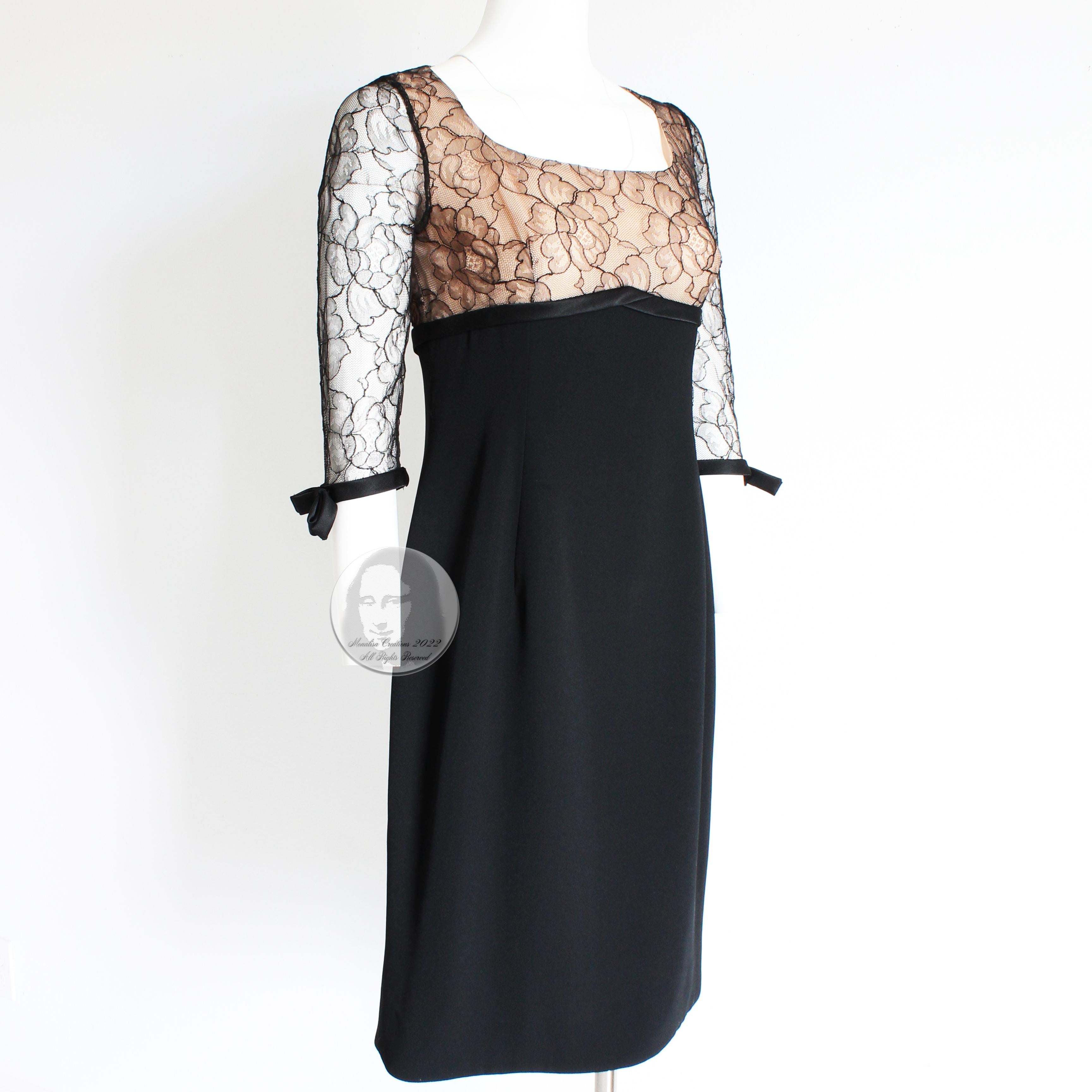 Travilla Cocktail Dress Black Illusion Lace Silk Ribbon Trim Size S Vintage 60s In Good Condition For Sale In Port Saint Lucie, FL
