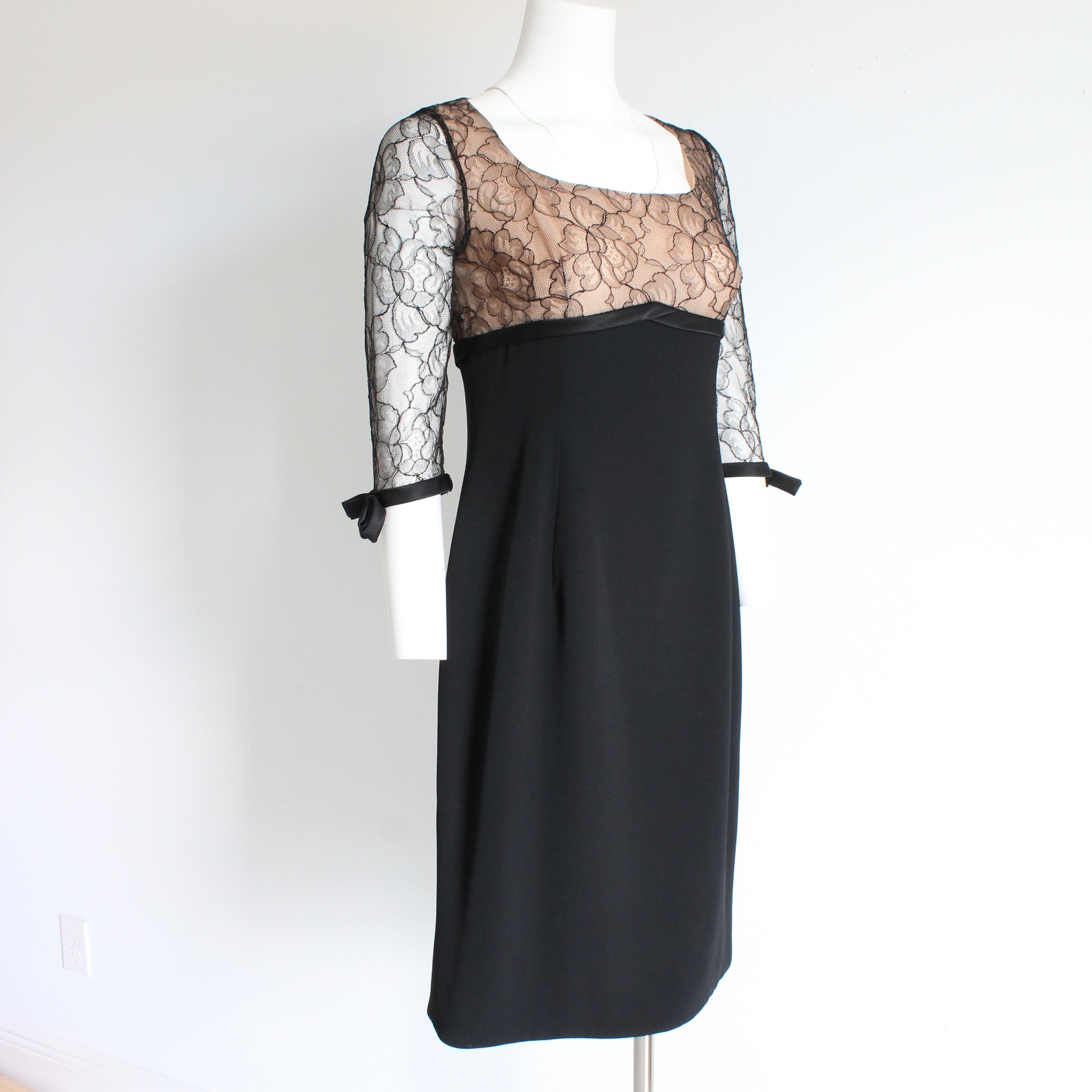 Travilla Cocktail Dress Black Illusion Lace Silk Ribbon Trim Size S Vintage 60s In Good Condition For Sale In Port Saint Lucie, FL