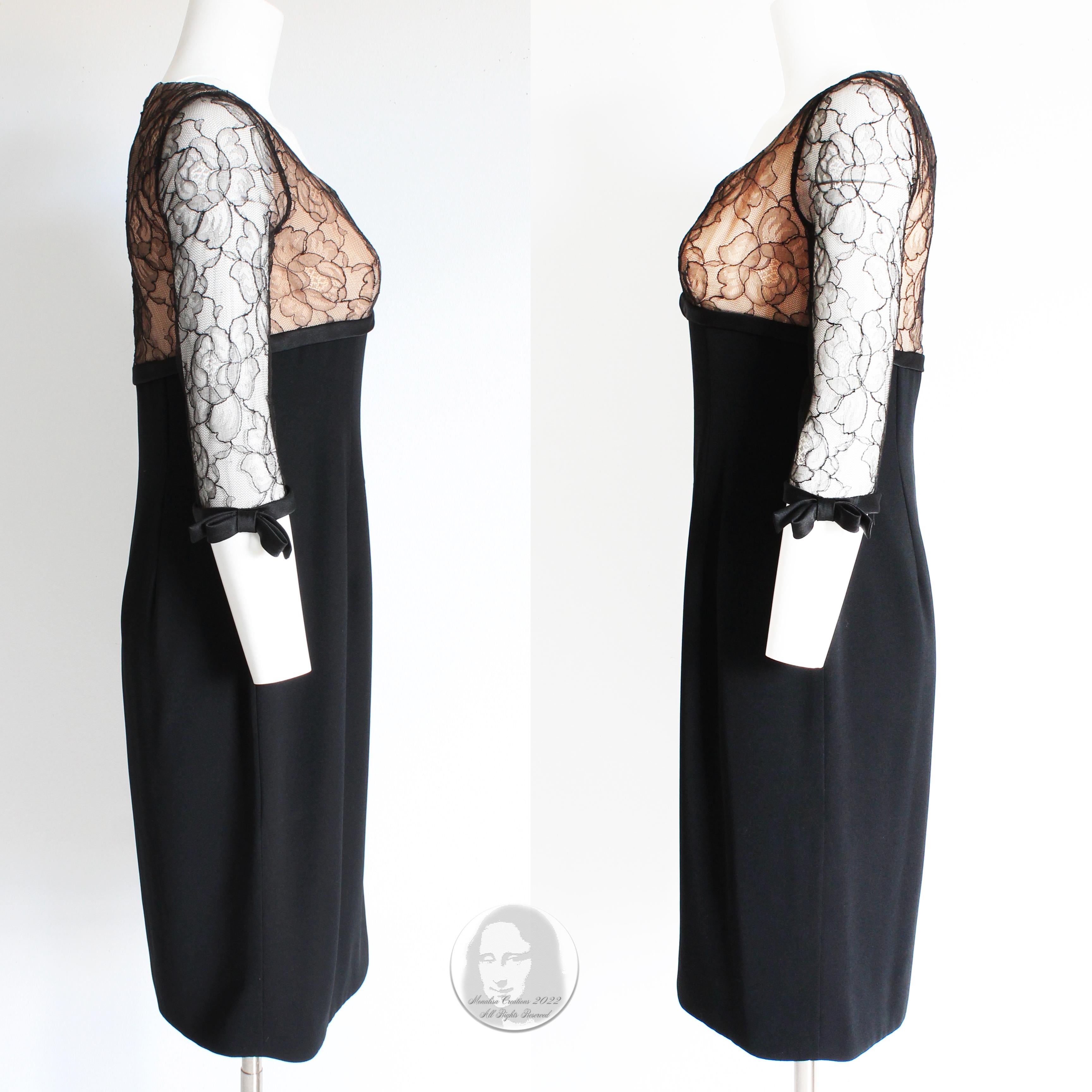 Women's Travilla Cocktail Dress Black Illusion Lace Silk Ribbon Trim Size S Vintage 60s For Sale