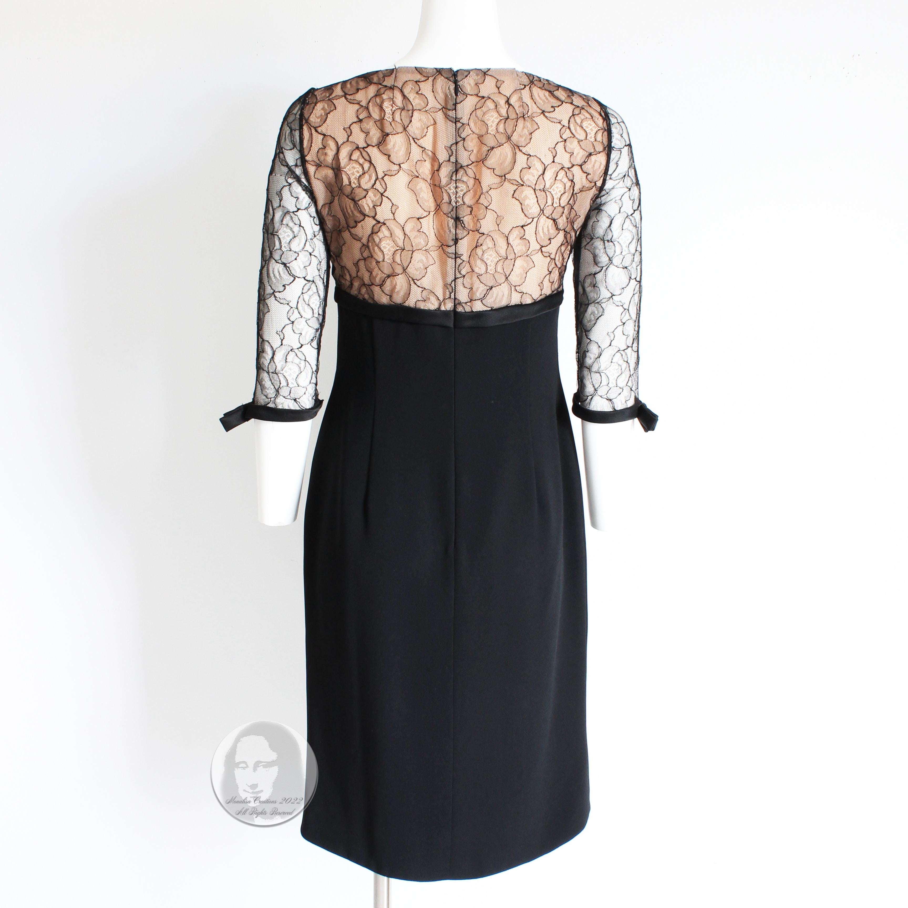 Travilla Cocktail Dress Black Illusion Lace Silk Ribbon Trim Size S Vintage 60s For Sale 1