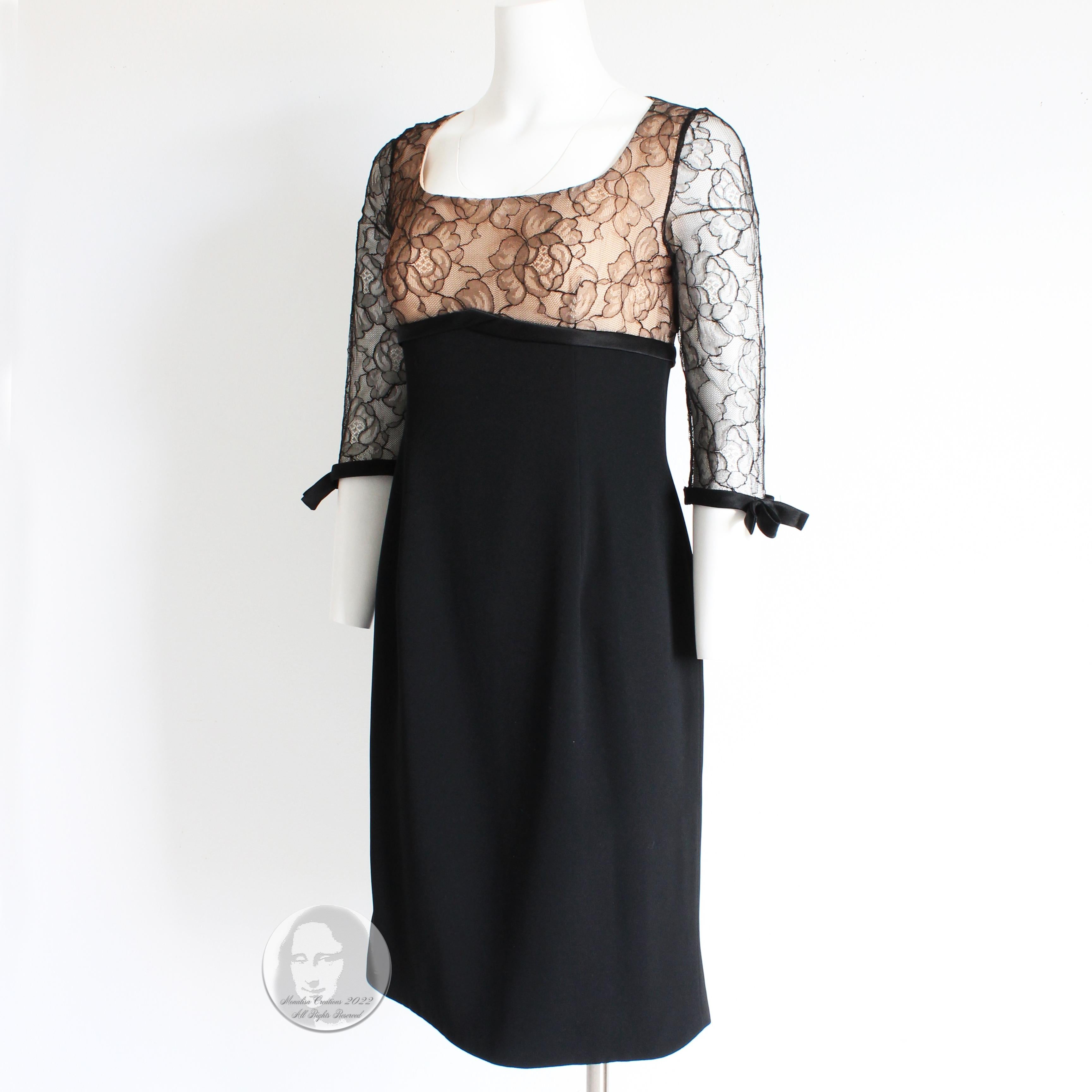 Travilla Cocktail Dress Black Illusion Lace Silk Ribbon Trim Size S Vintage 60s For Sale 2