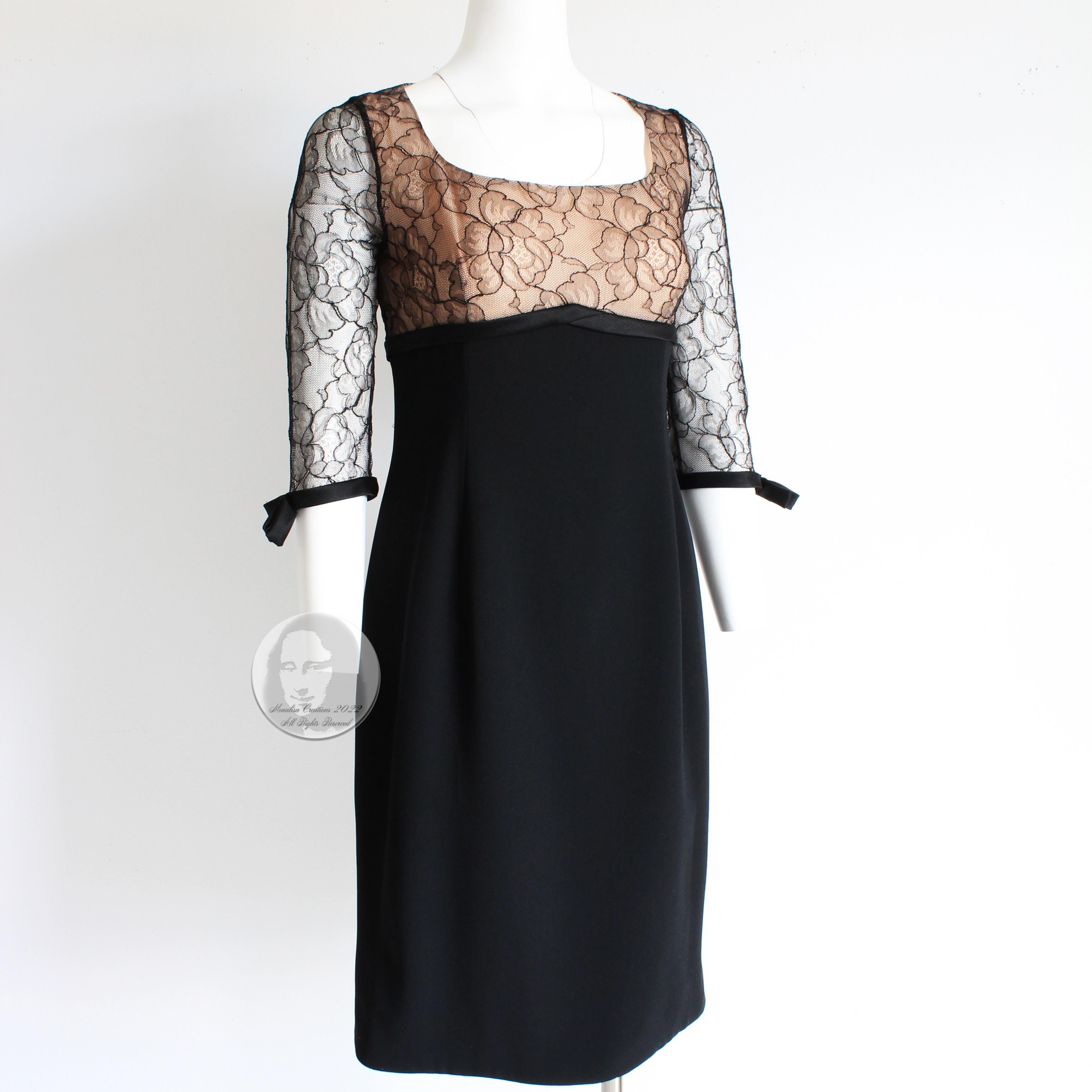 Travilla Cocktail Dress Black Illusion Lace Silk Ribbon Trim Size S Vintage 60s For Sale 3