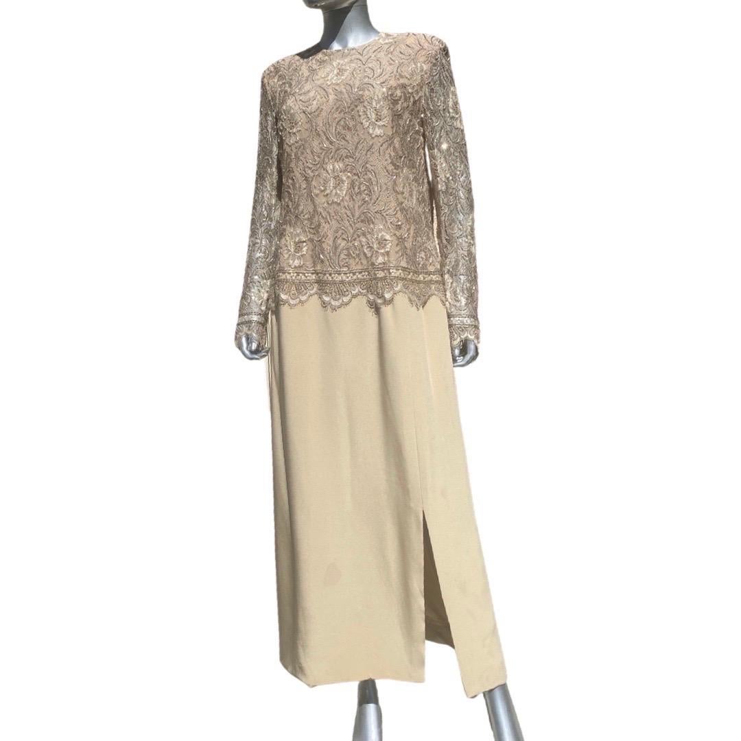 Beige Travilla for Saks Fifth Ave Beverly Hills Beaded Lace and Silk Gown Size 16 NWOT For Sale