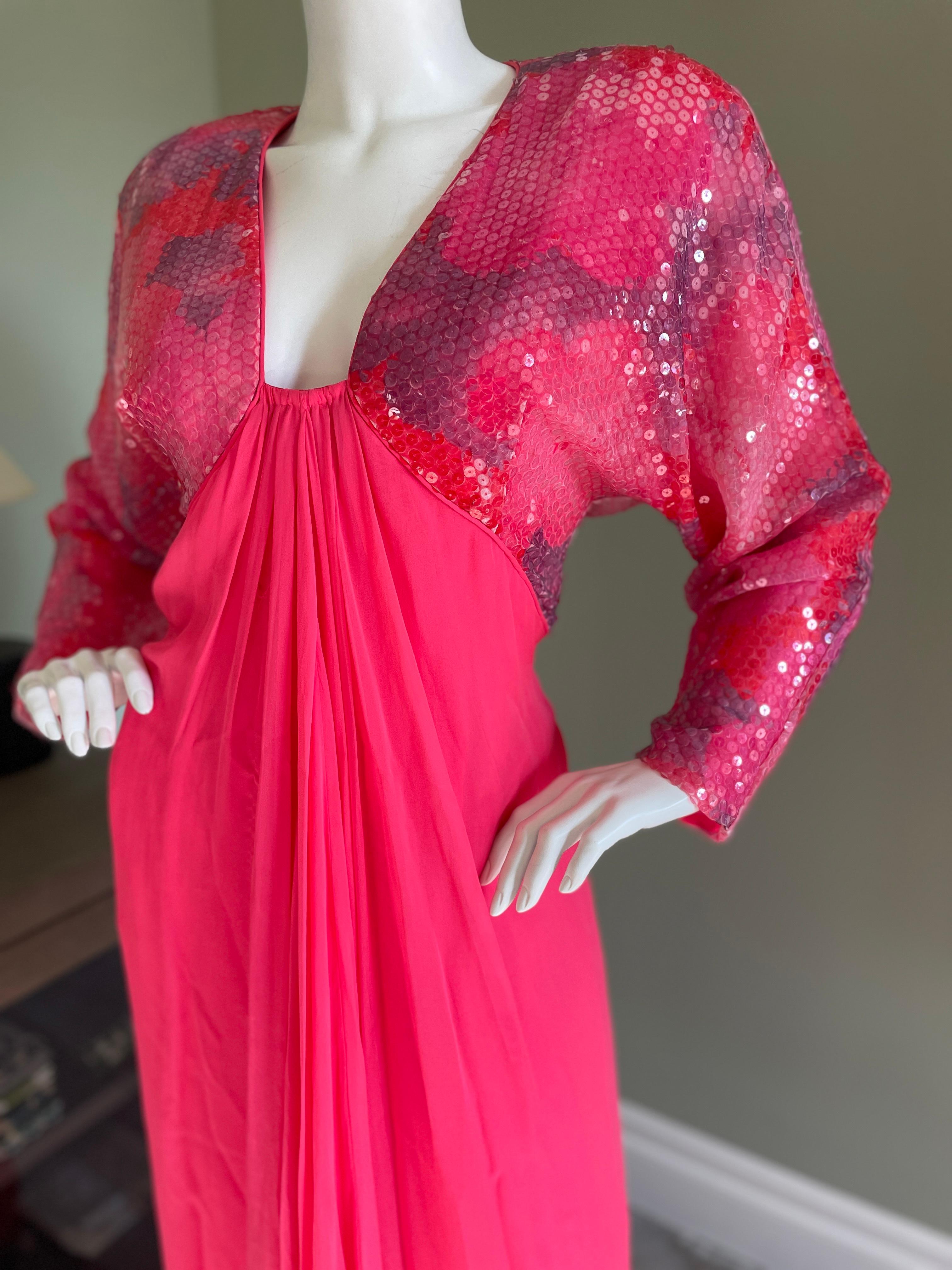 Travilla for Saks Fifth Avenue 1970's Plunging Coral Sequin Evening ...