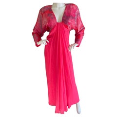 Travilla for Saks Fifth Avenue 1970's Plunging Coral Sequin Evening Dress