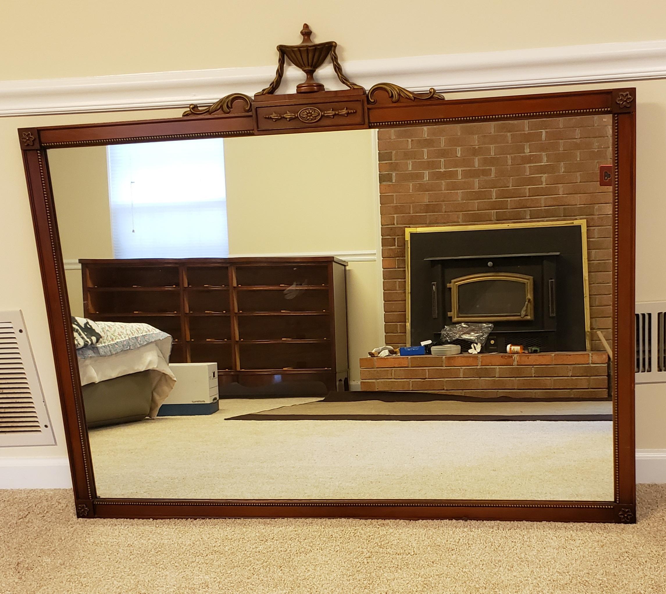20th Century Travis Court Mahogany Ornate Urn Wall / Mantle/Fire Pl. Mirror by Drexel, C1940s For Sale