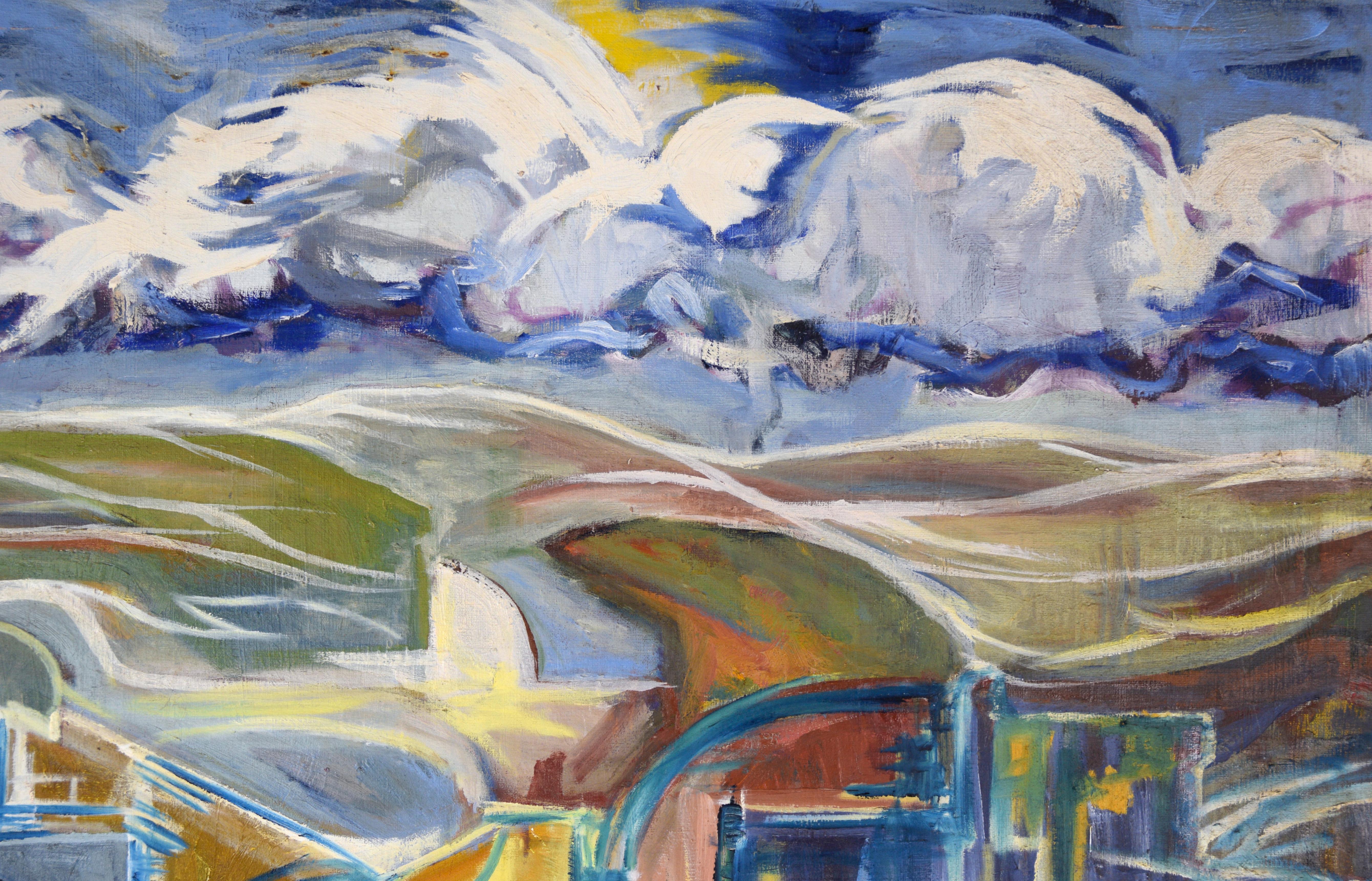 Golden Highway - Futuristic Cityscape in Oil on Canvas - Abstract Painting by Travis Flack