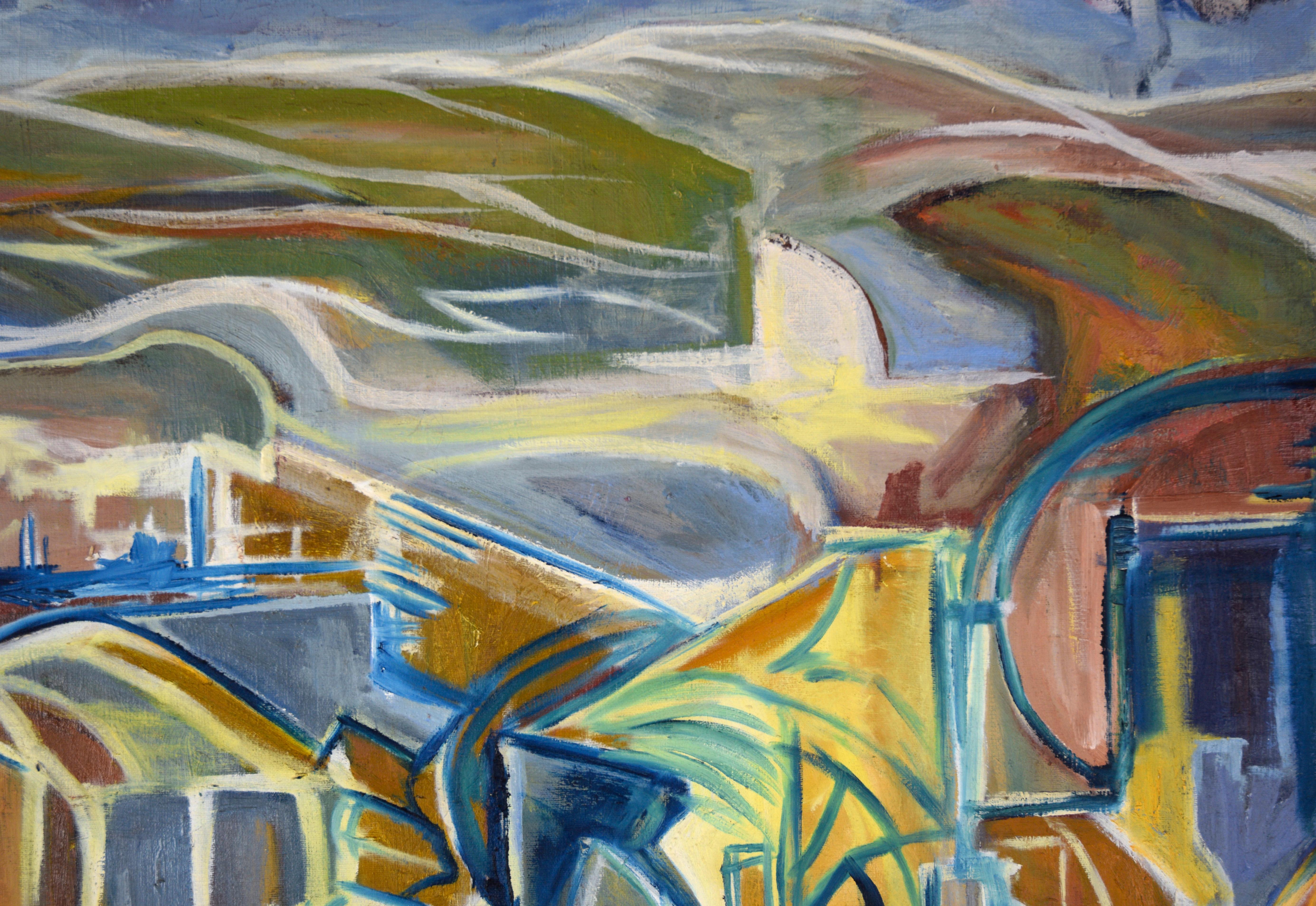 Golden Highway - Futuristic Cityscape in Oil on Canvas - Brown Abstract Painting by Travis Flack