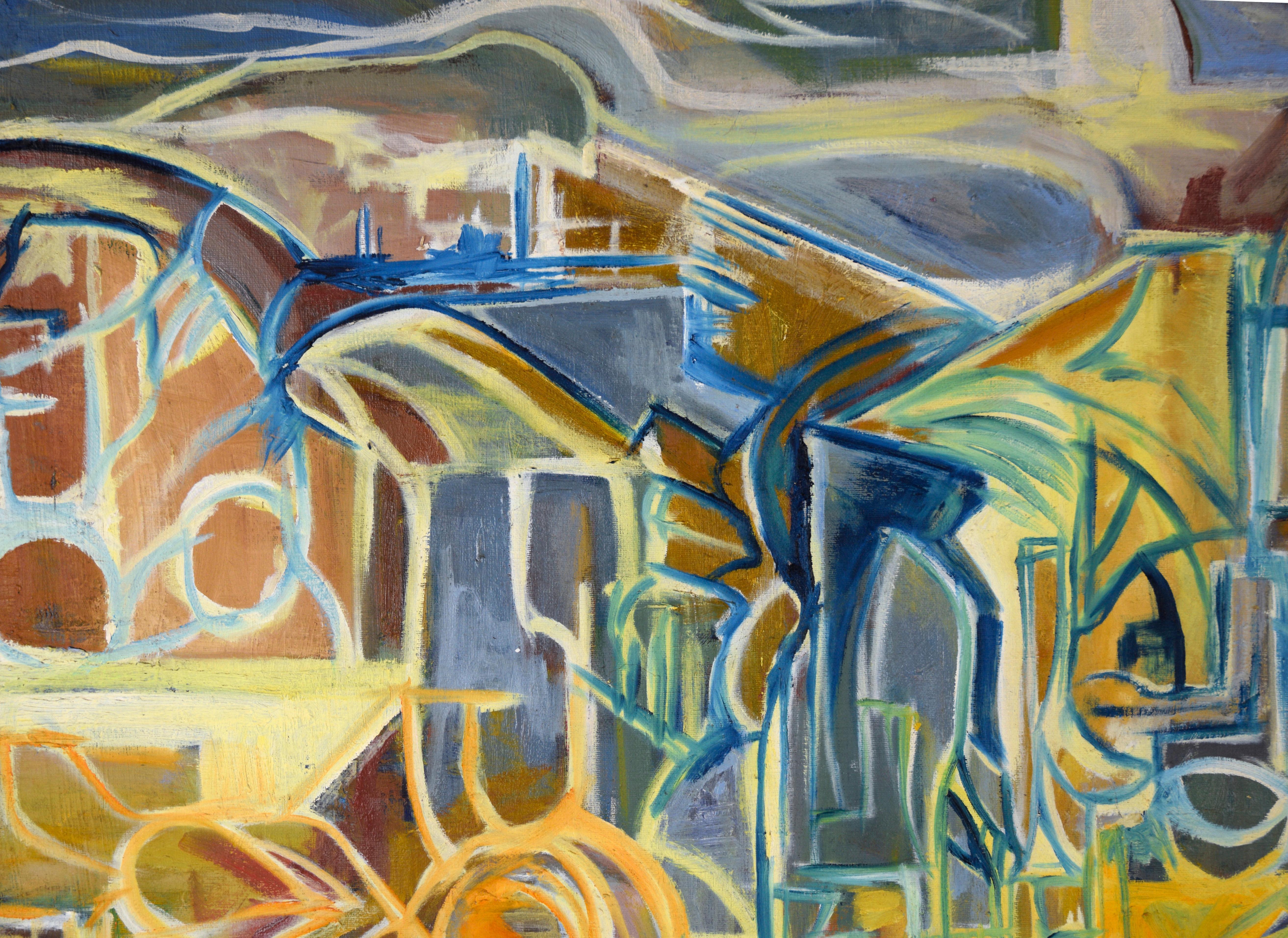 Golden Highway - Futuristic Cityscape in Oil on Canvas

Original oil painting from Bay Area artist Travis Flack (American, 20th Century). This expressive landscape merges abstraction with architectural forms, using layered brushwork and a saturated