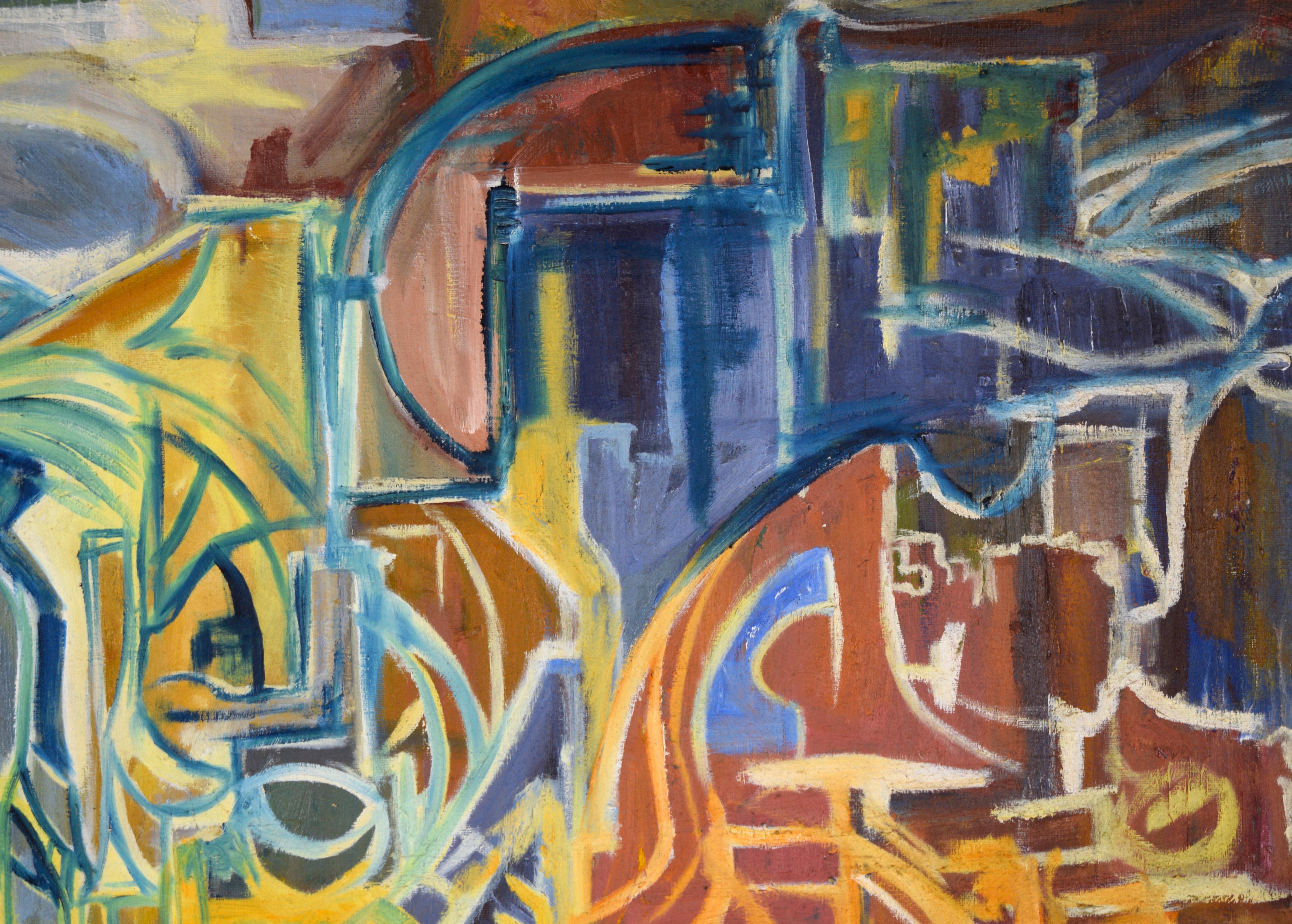 Golden Highway - Futuristic Cityscape in Oil on Canvas For Sale 1
