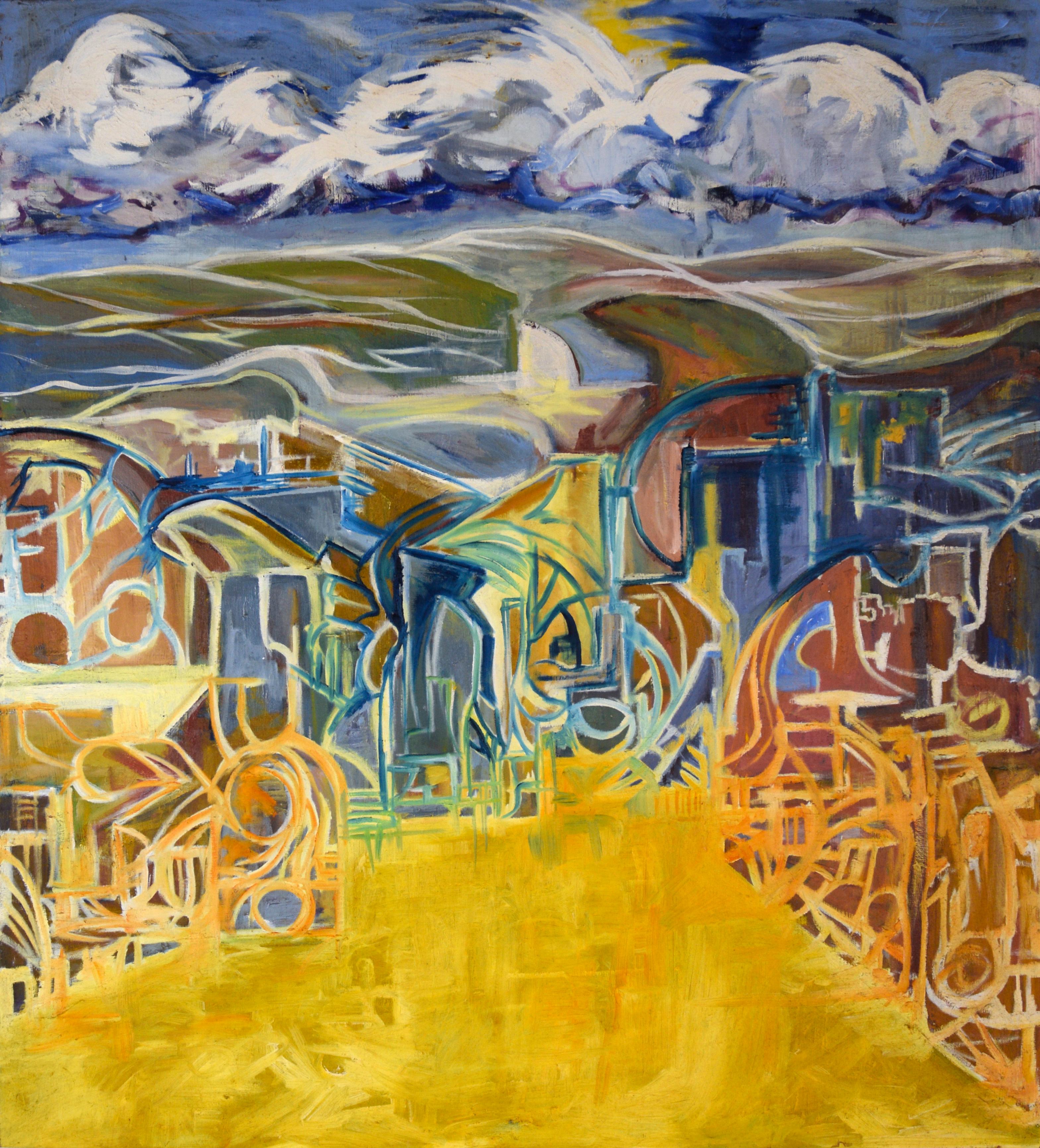 Travis Flack Abstract Painting - Golden Highway - Futuristic Cityscape in Oil on Canvas
