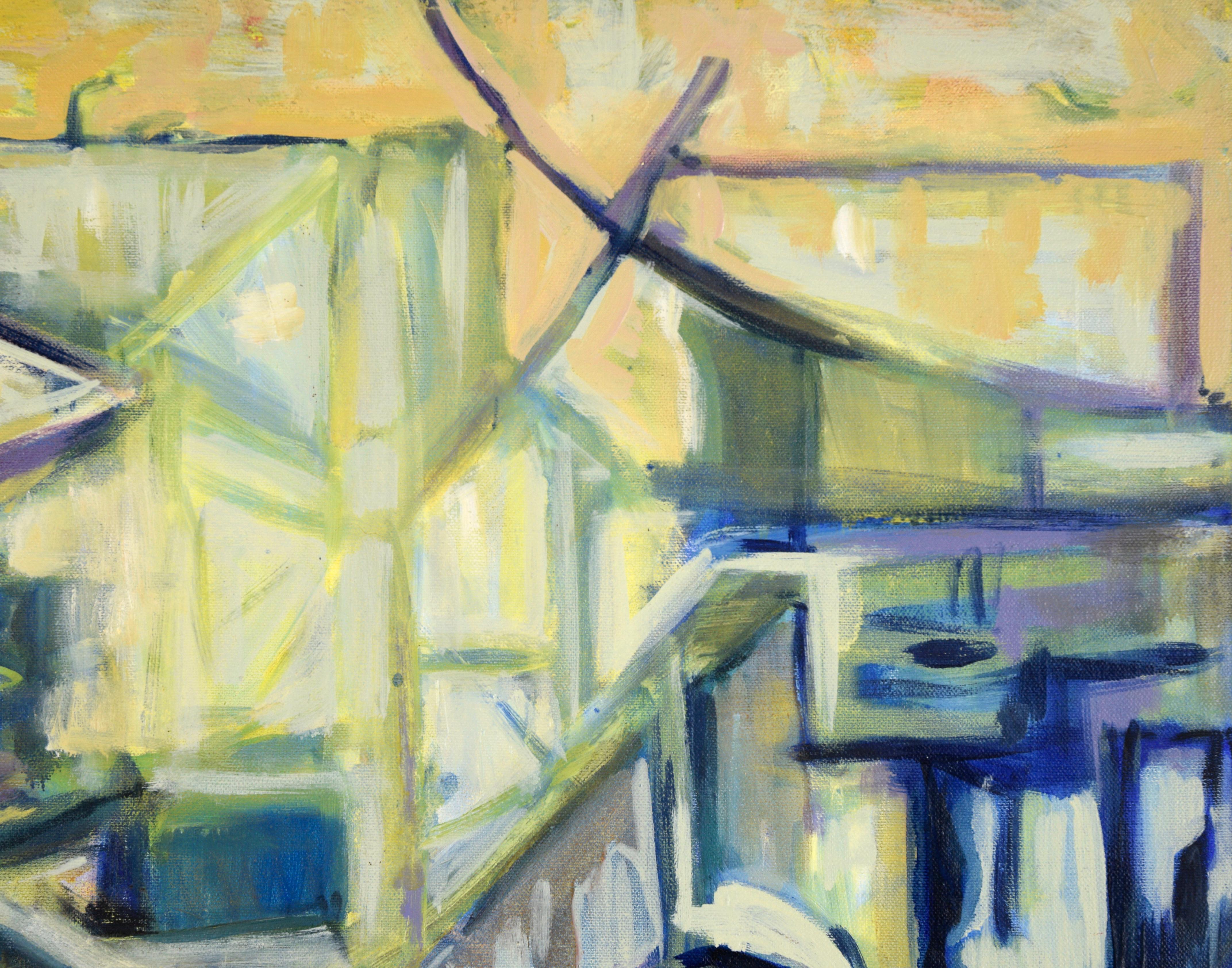 „Visions of the Metropolis #1“ Kugeln in Downtown Original Öl auf Leinwand 1996 (Abstrakt), Painting, von Travis Flack