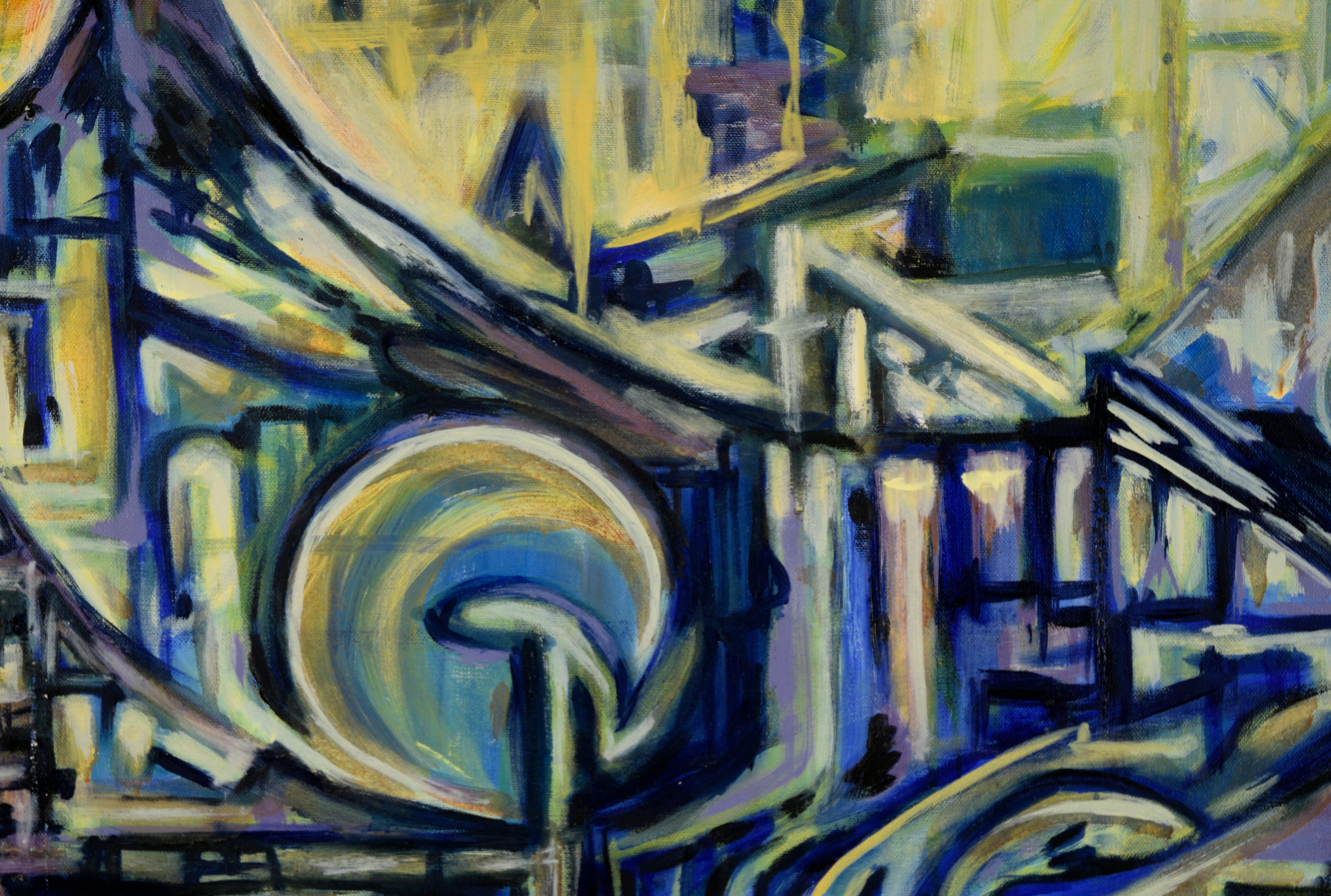 „Visions of the Metropolis #1“ Kugeln in Downtown Original Öl auf Leinwand 1996 (Grau), Landscape Painting, von Travis Flack