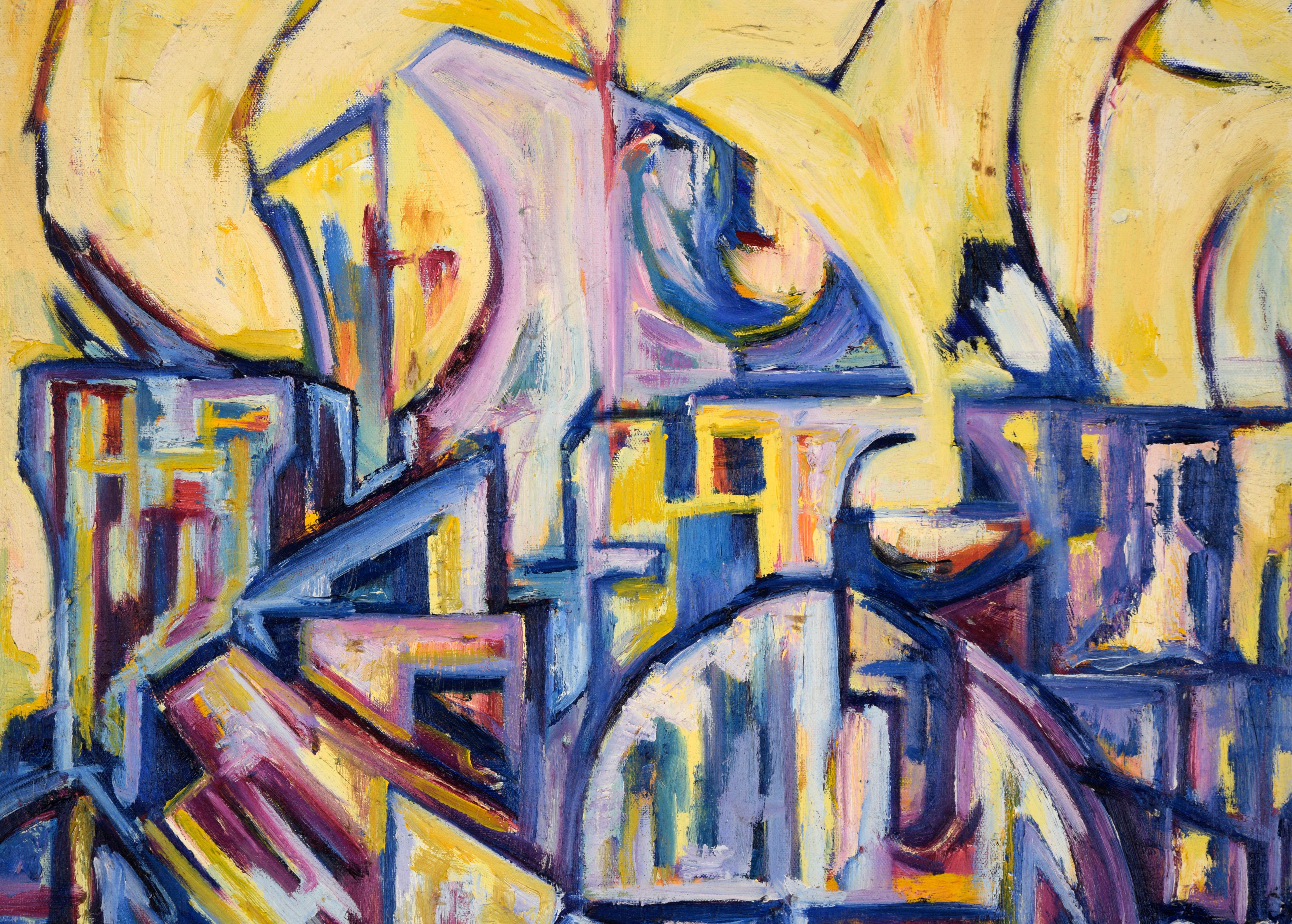 „Visions of the Metropolis #16“ Hafenviertel Original Öl auf Leinwand 1996 (Grau), Abstract Painting, von Travis Flack