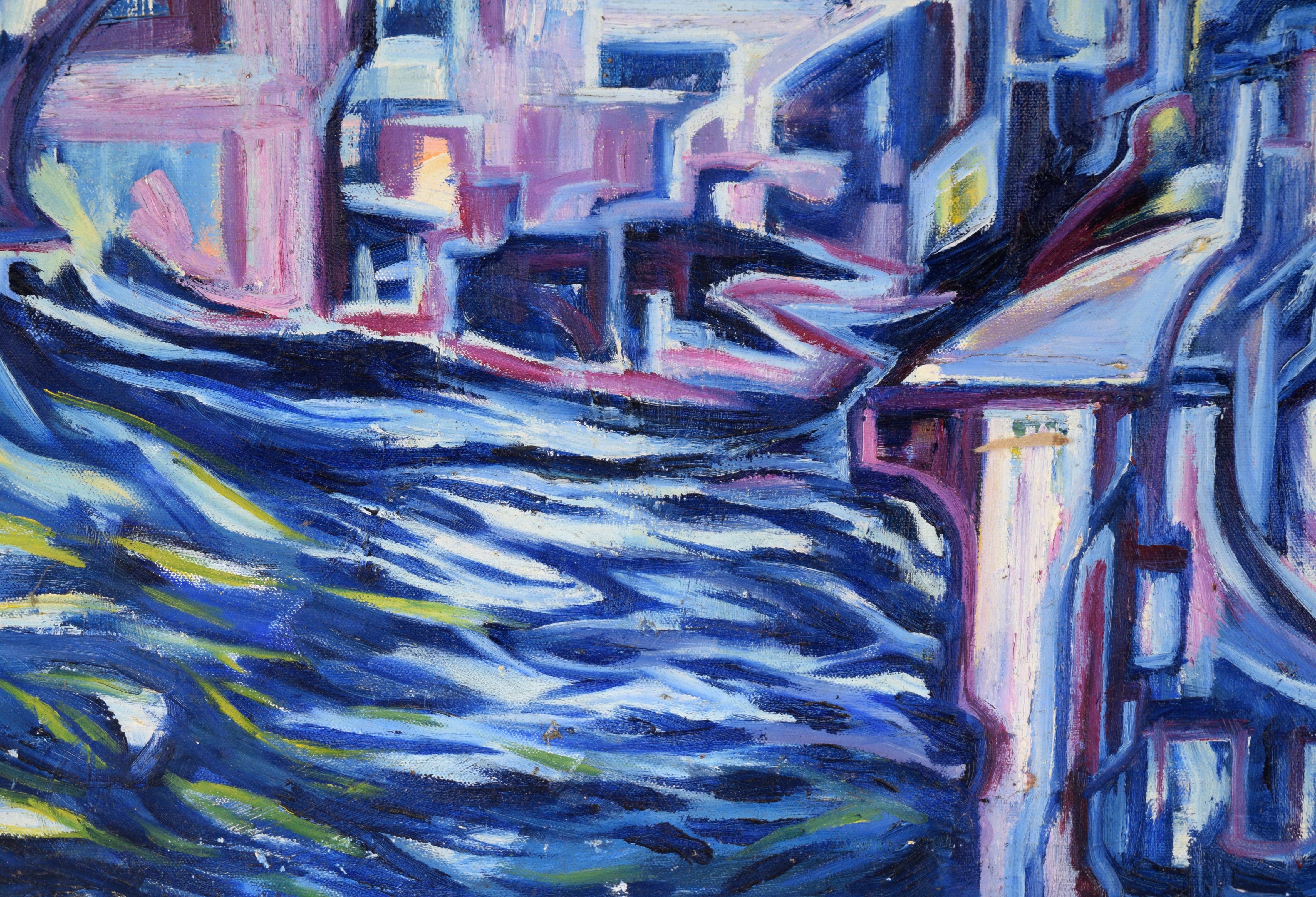 „Visions of the Metropolis #16“ Hafenviertel Original Öl auf Leinwand 1996 im Angebot 2