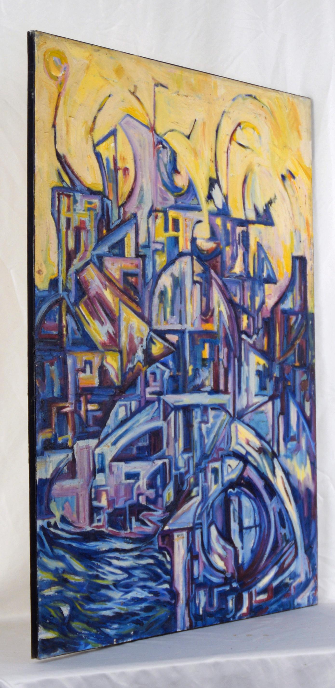 „Visions of the Metropolis #16“ Hafenviertel Original Öl auf Leinwand 1996 im Angebot 4