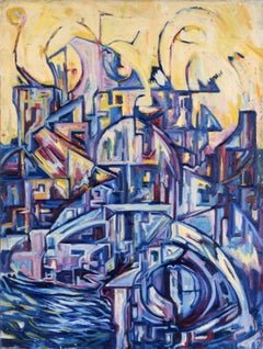 "Visioni della metropoli #16" Distretto portuale Olio originale su tela 1996