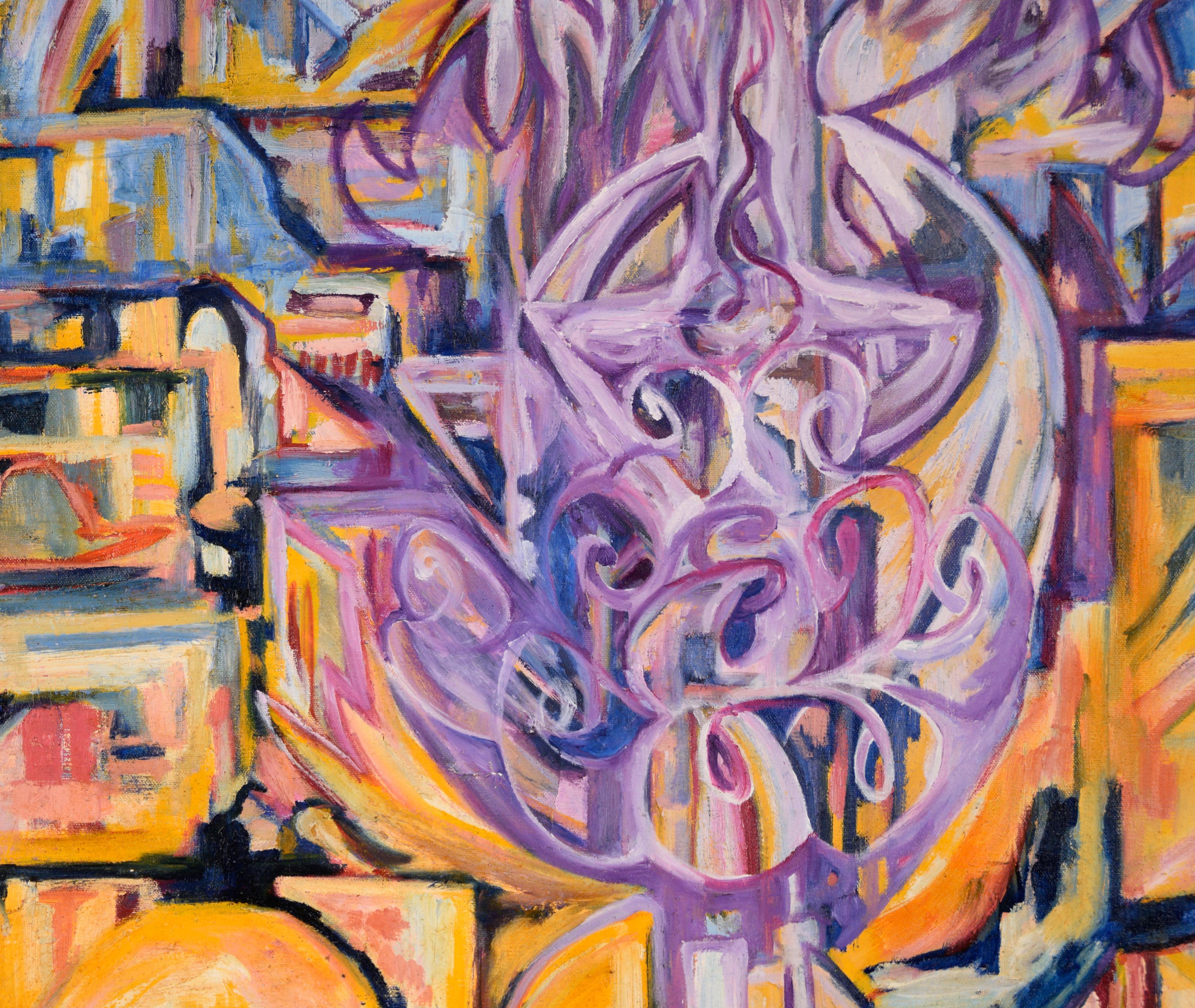 „Visions of the Metropolis“ Lila Flammenherz Original Öl auf Leinwand 1996 (Braun), Abstract Painting, von Travis Flack