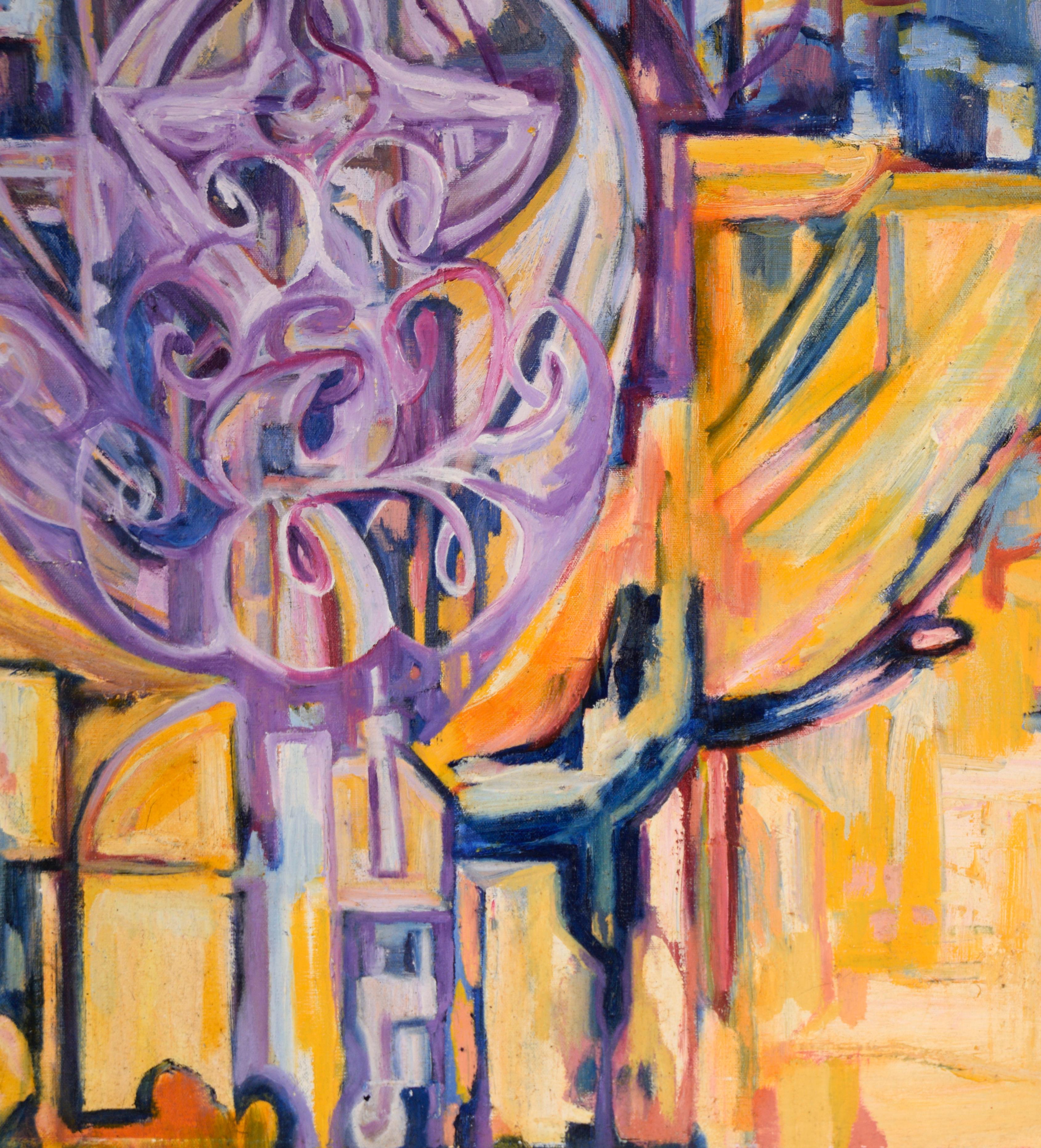 „Visions of the Metropolis“ Lila Flammenherz Original Öl auf Leinwand 1996

Original-Ölgemälde des Bay Area Künstlers Travis Flack (Amerikaner, 20. Jahrhundert) aus der Serie 