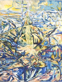 "Visioni della metropoli" Paesaggio visionario e colline Olio originale su tela