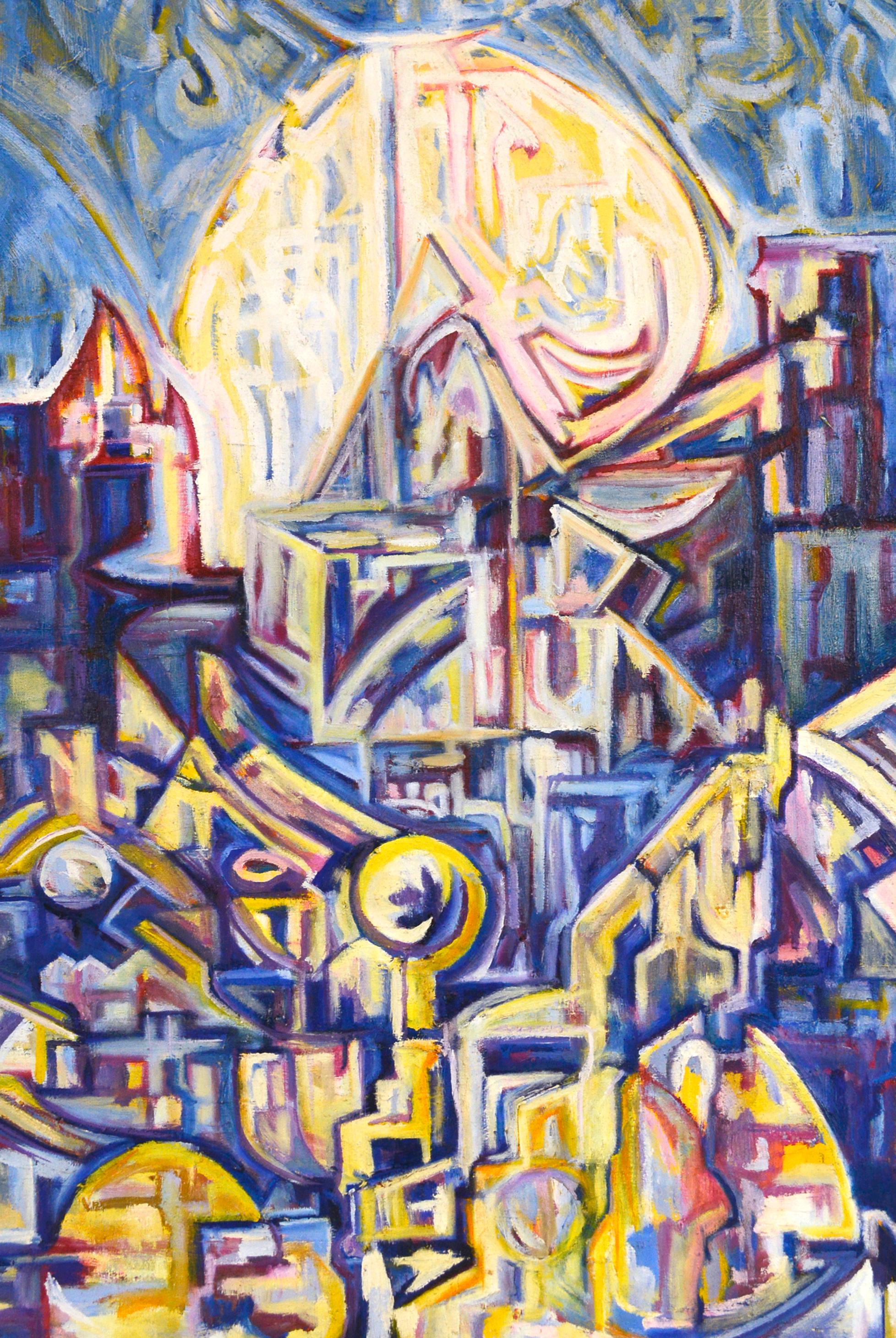 „Visions of the Metropolis“ Visionary Moonlight and City Original Öl auf Leinwand – Painting von Travis Flack