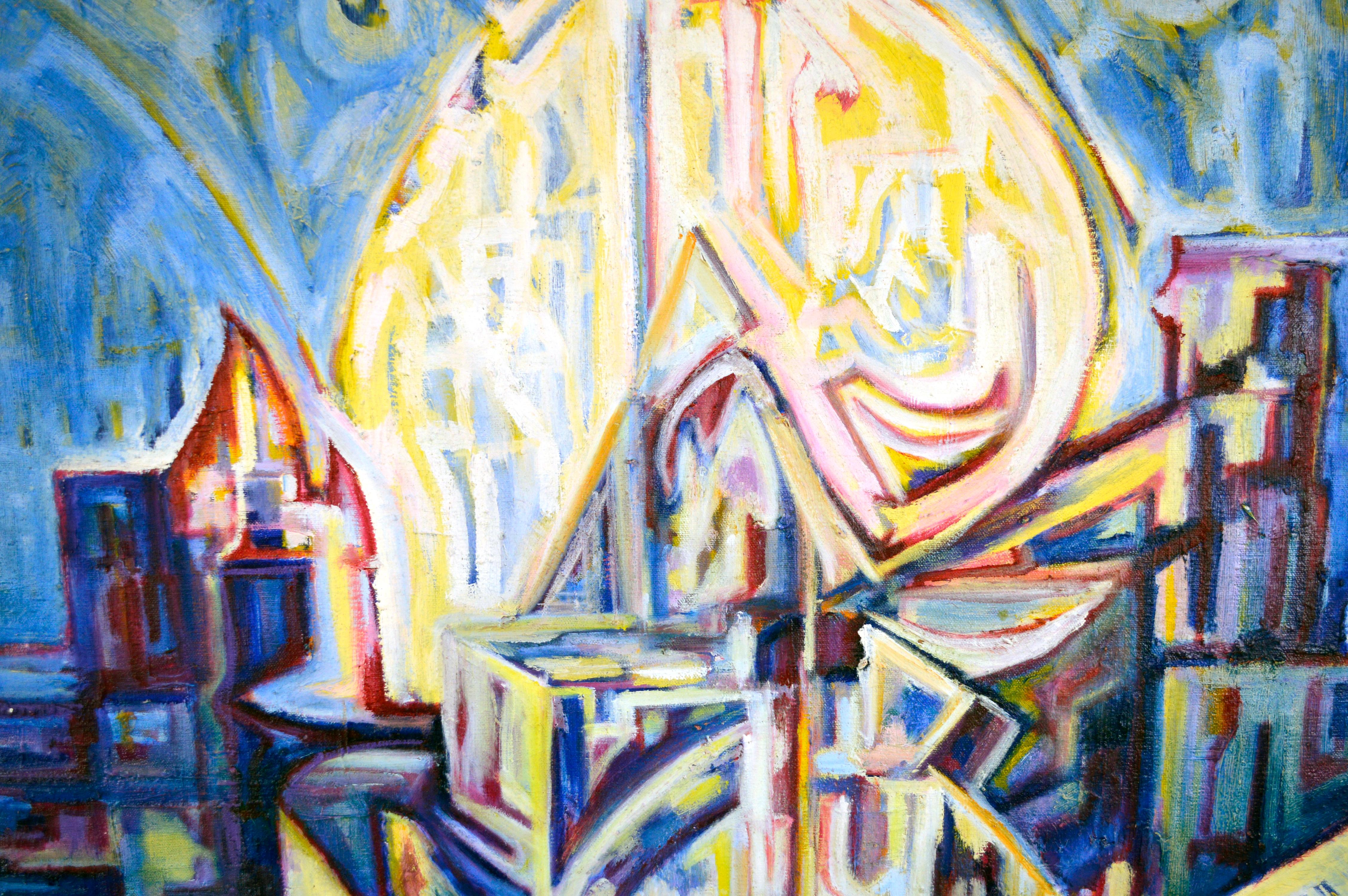 „Visions of the Metropolis“ Visionary Moonlight and City Original Öl auf Leinwand (Abstrakt), Painting, von Travis Flack