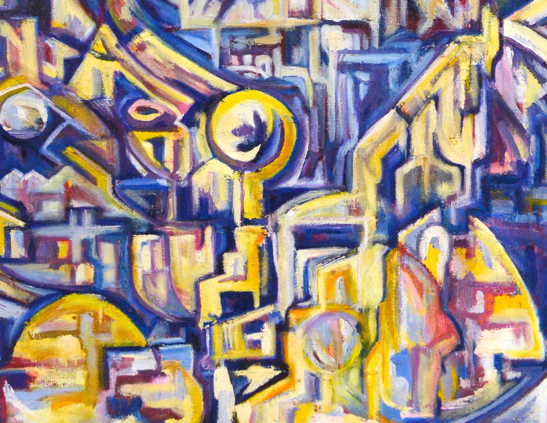 „Visions of the Metropolis“ Visionary Moonlight and City Original Öl auf Leinwand (Grau), Abstract Painting, von Travis Flack