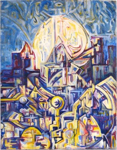 "Visions of the Metropolis" Visionario al chiaro di luna e città Olio originale su tela