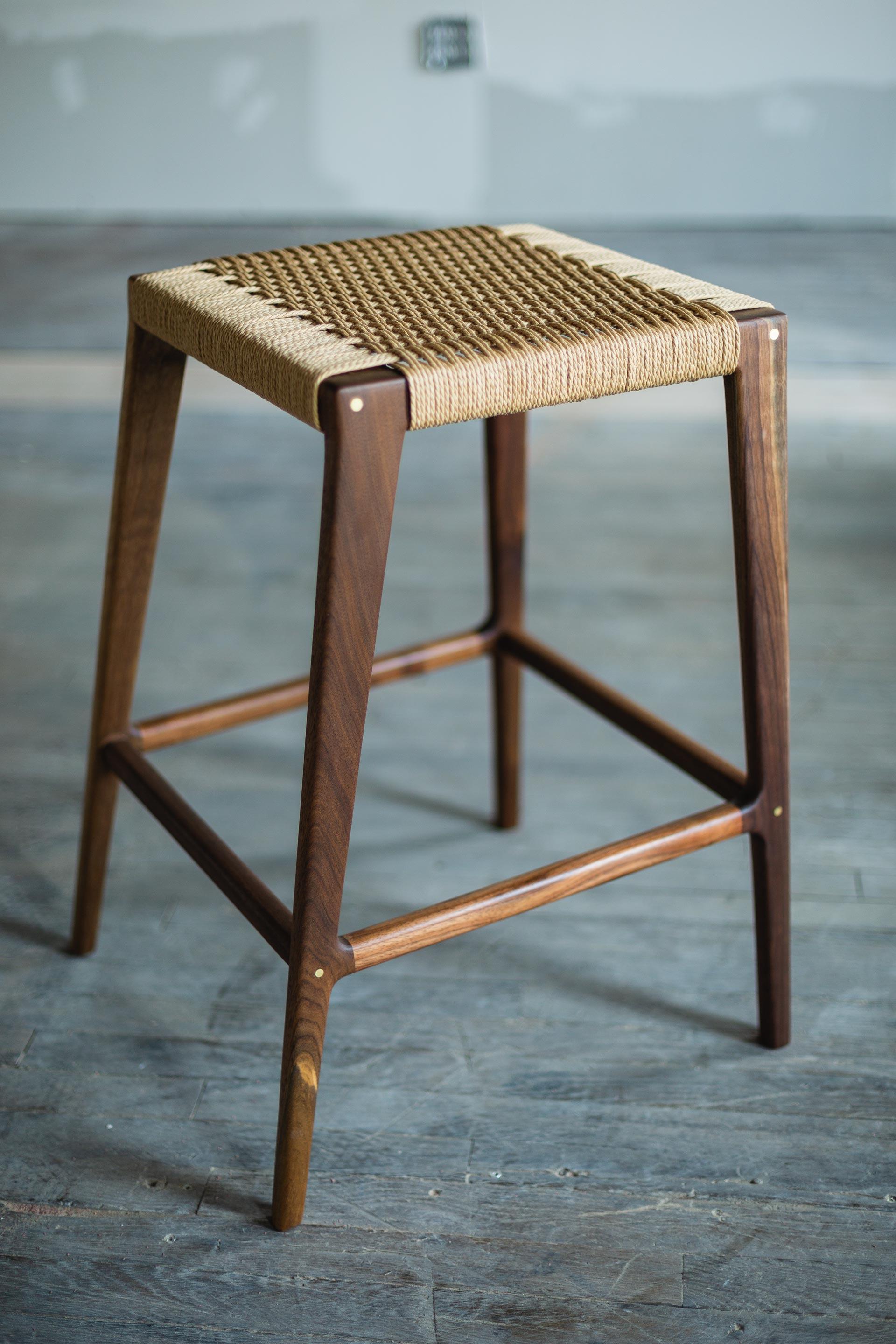 American Travis Modern Backless Stool with Woven Danish Cord Seat For Sale