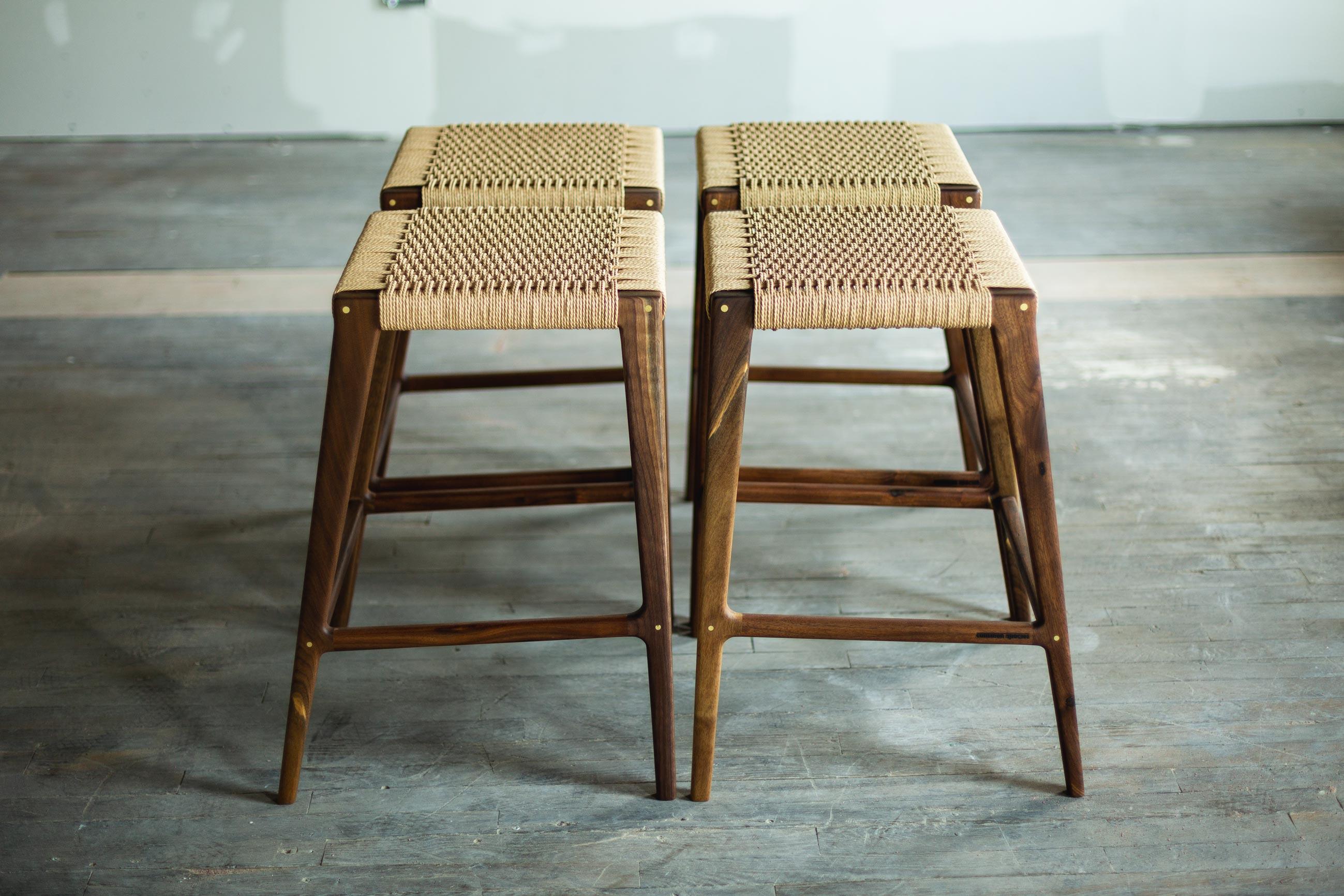 Walnut Travis Modern Backless Stool with Woven Danish Cord Seat For Sale
