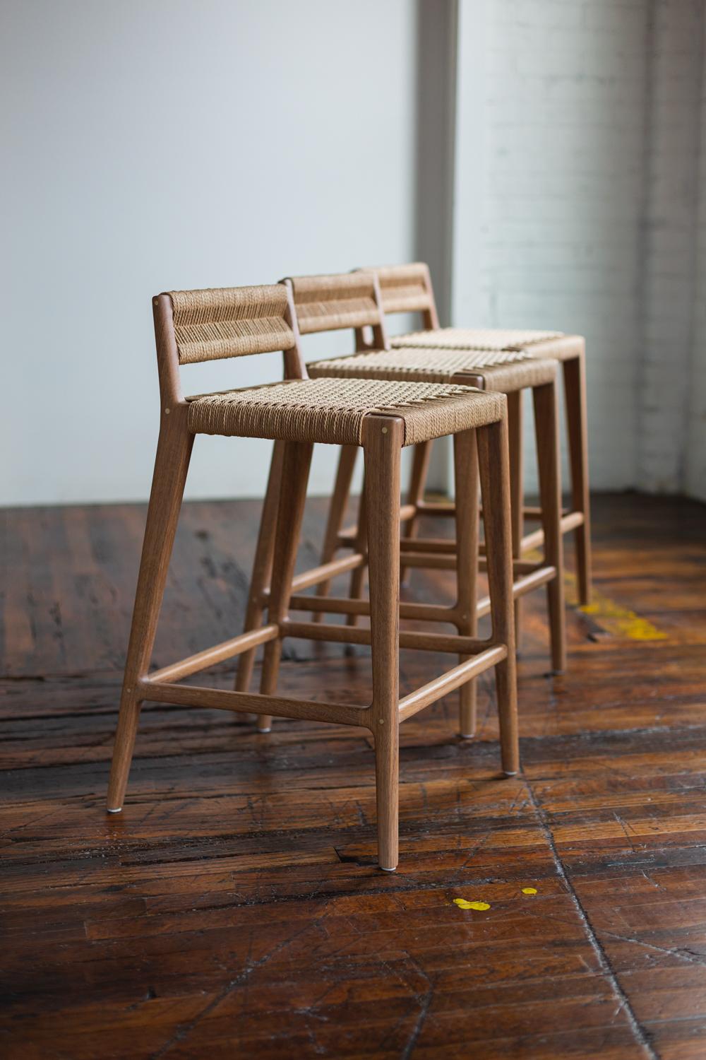 Brass Travis Modern Stool with Woven Danish Cord Seat and Low Back in White Oak For Sale