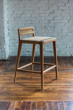 Travis Modern Stool with Woven Danish Cord Seat and Low Back in White Oak