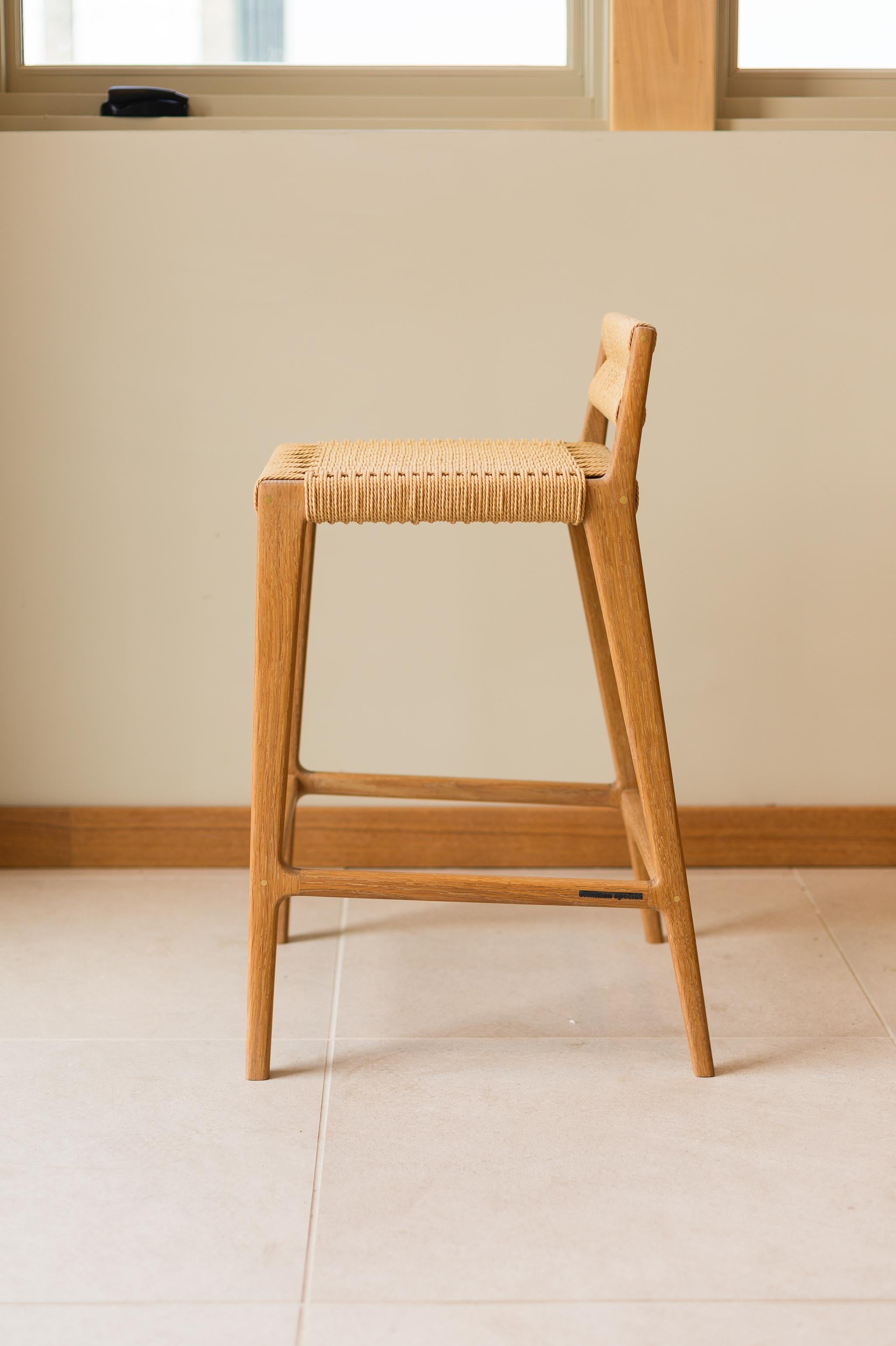 Hand-Crafted Travis Modern Stool with Woven Danish Cord Seat and Low Back in White Oak For Sale