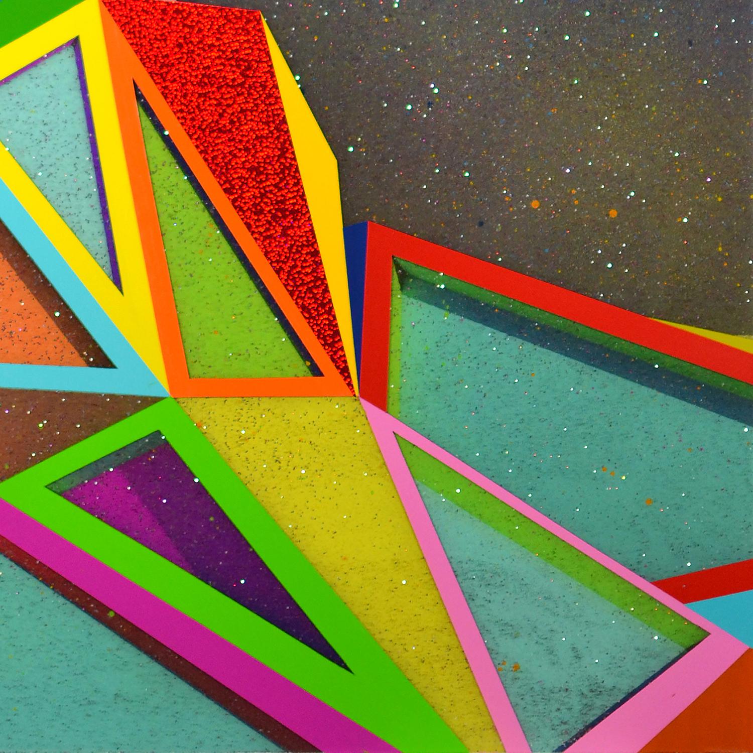 mixed media on panel

signature and year on back

 Influenced by his background in architecture, his work incorporates 3D modeling to create complex hard edge compositions that give an illusion of space through both form and materiality. This
