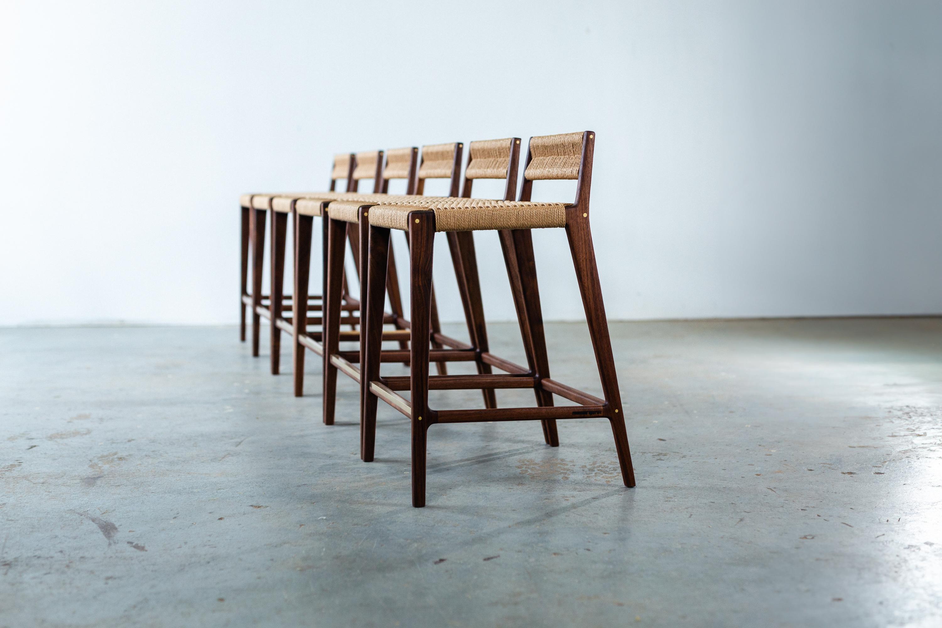 American Travis Stool with Danish Cord Woven Low Back and Seat in Walnut For Sale