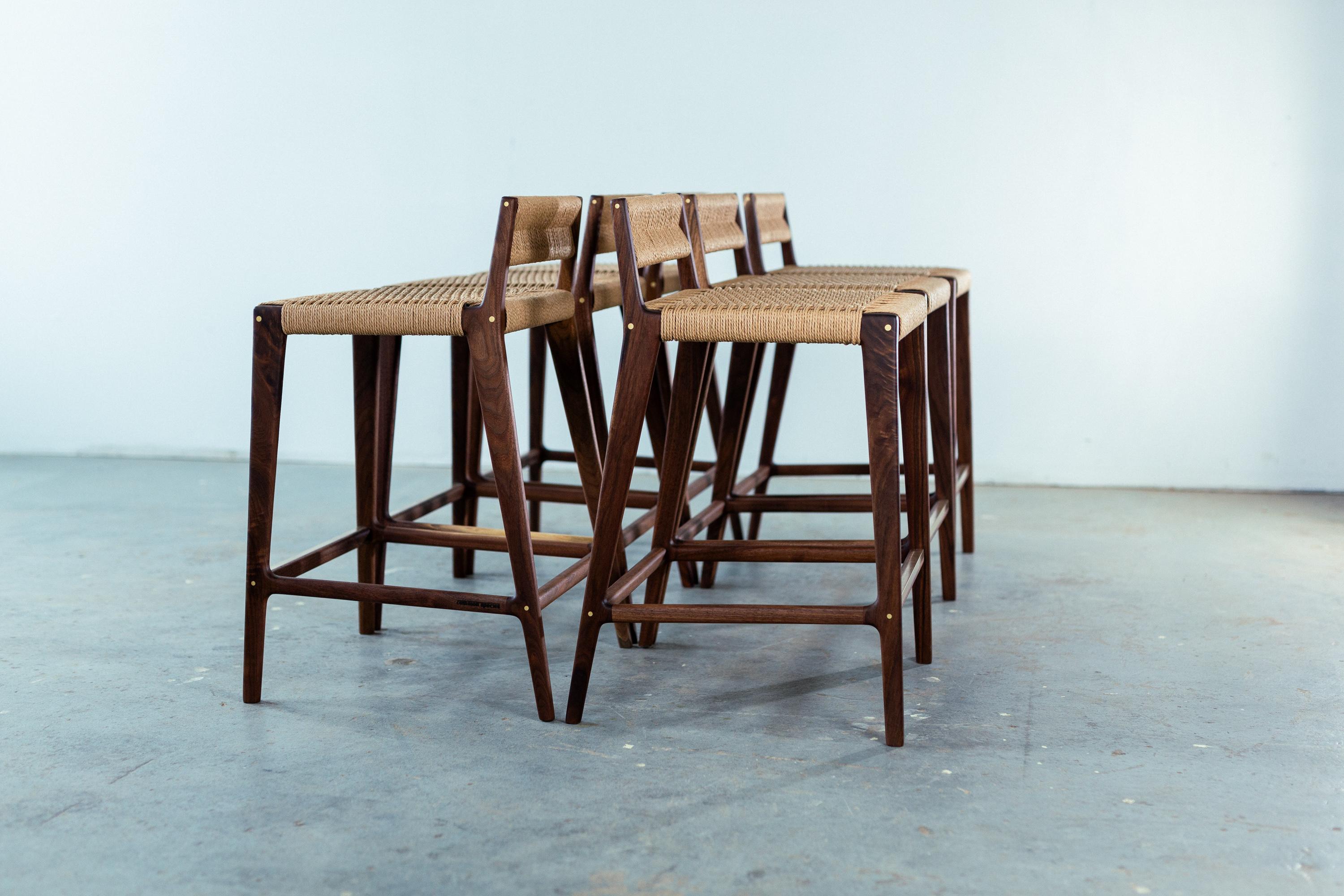 Travis Stool with Danish Cord Woven Low Back and Seat in Walnut In New Condition For Sale In Longmont, CO