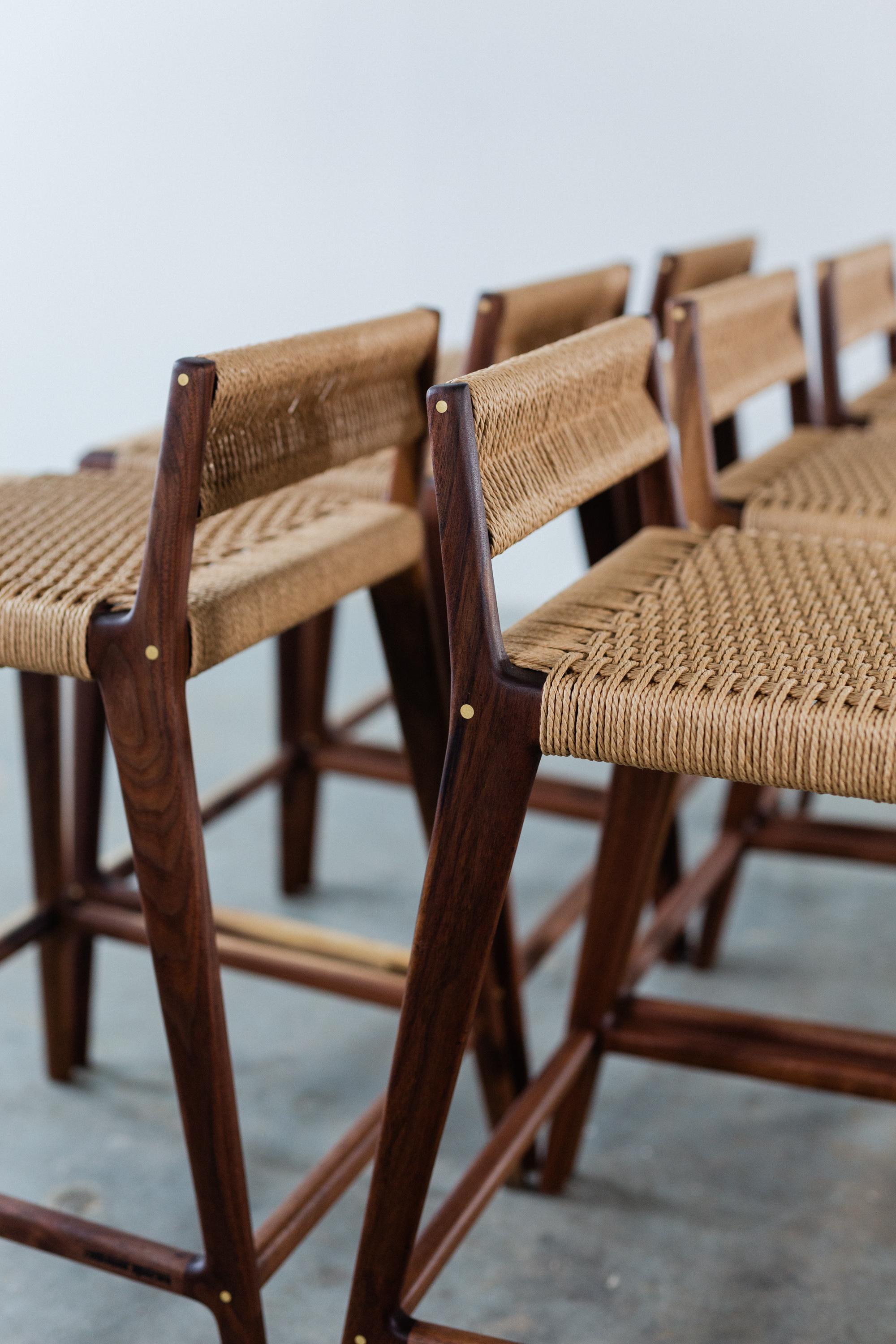 Contemporary Travis Stool with Danish Cord Woven Low Back and Seat in Walnut For Sale
