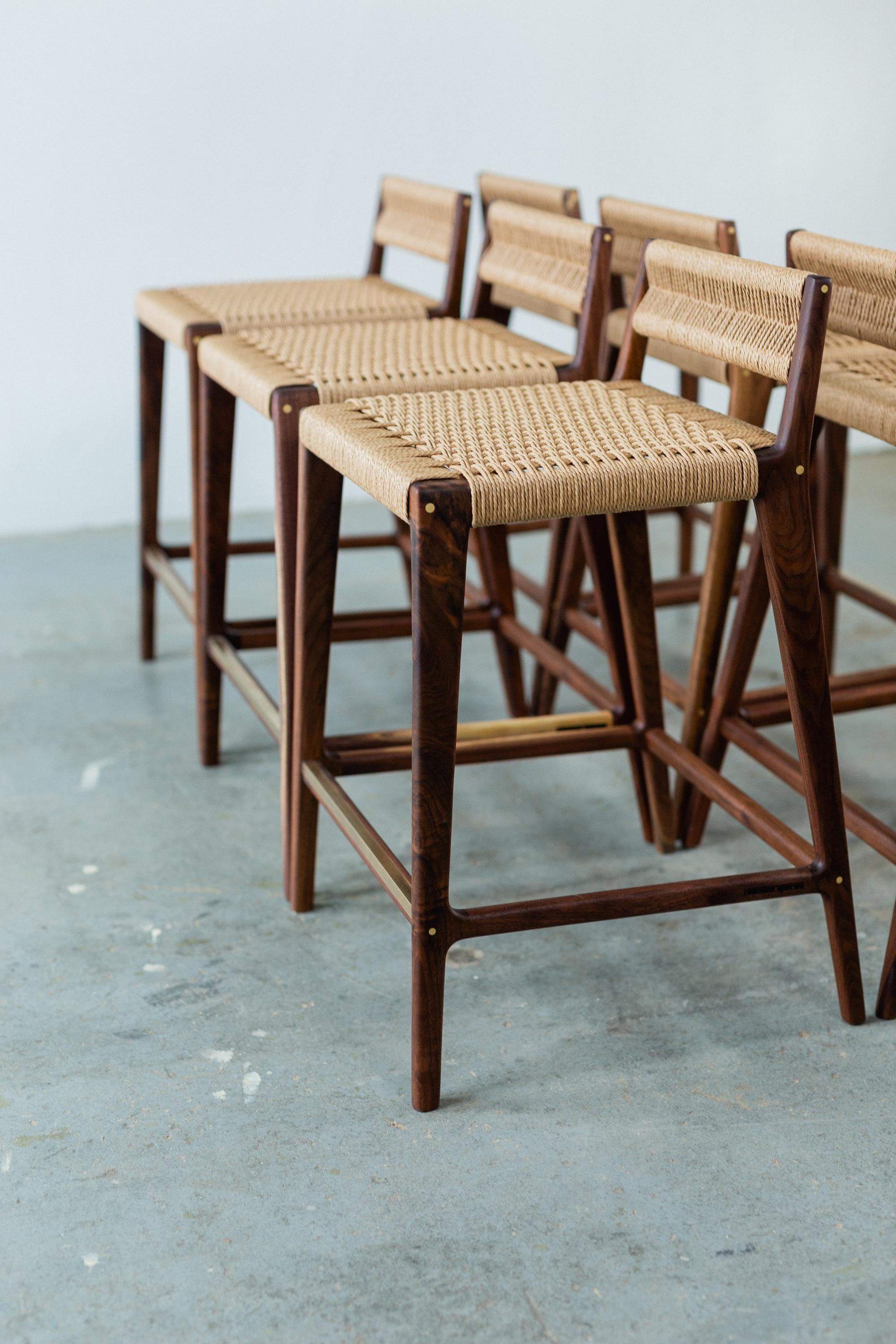 Travis Stool with Danish Cord Woven Low Back and Seat in Walnut For Sale 2