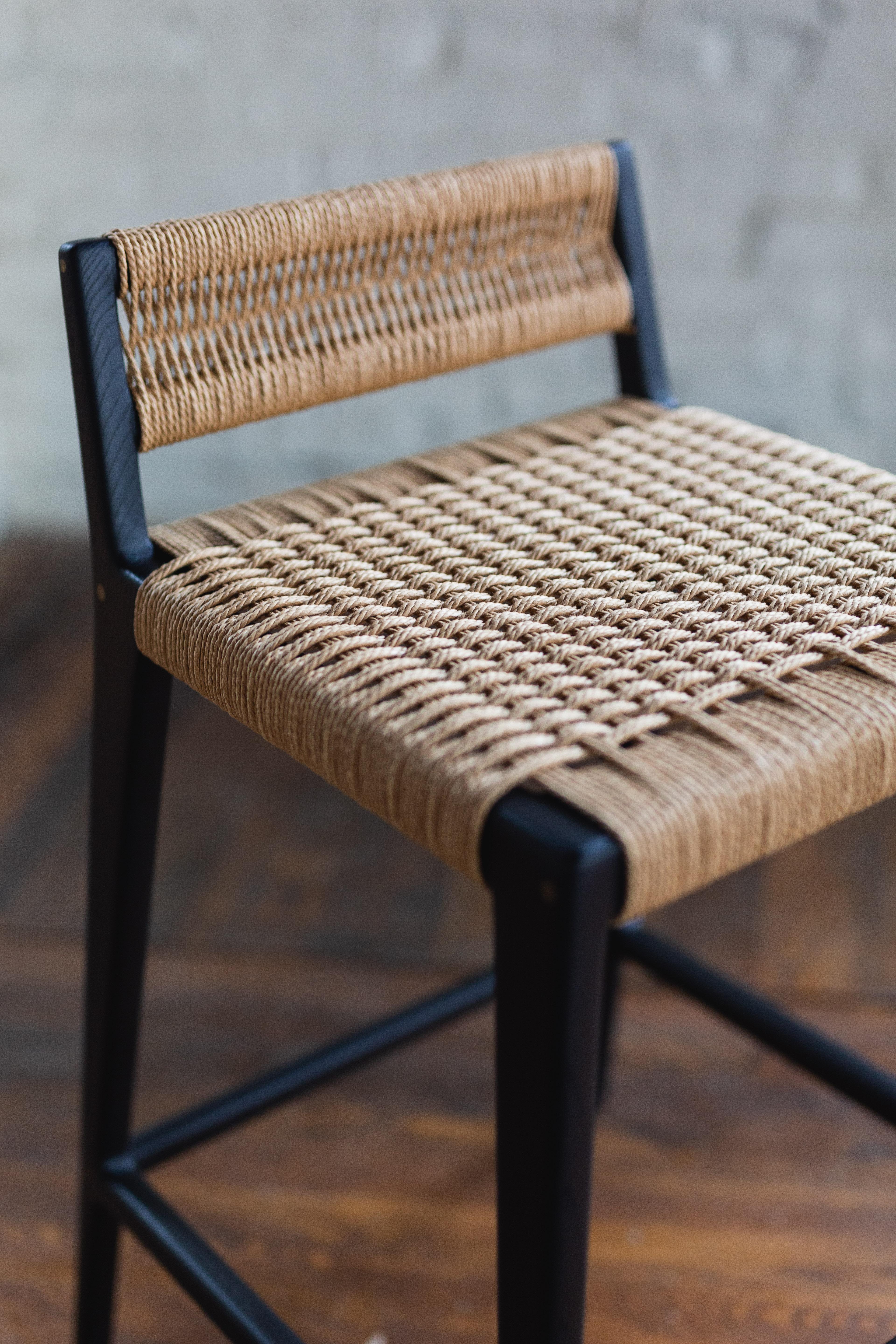 Travis Stool with Danish Cord Woven Low Back and Seat in Blackened Ash For Sale 3