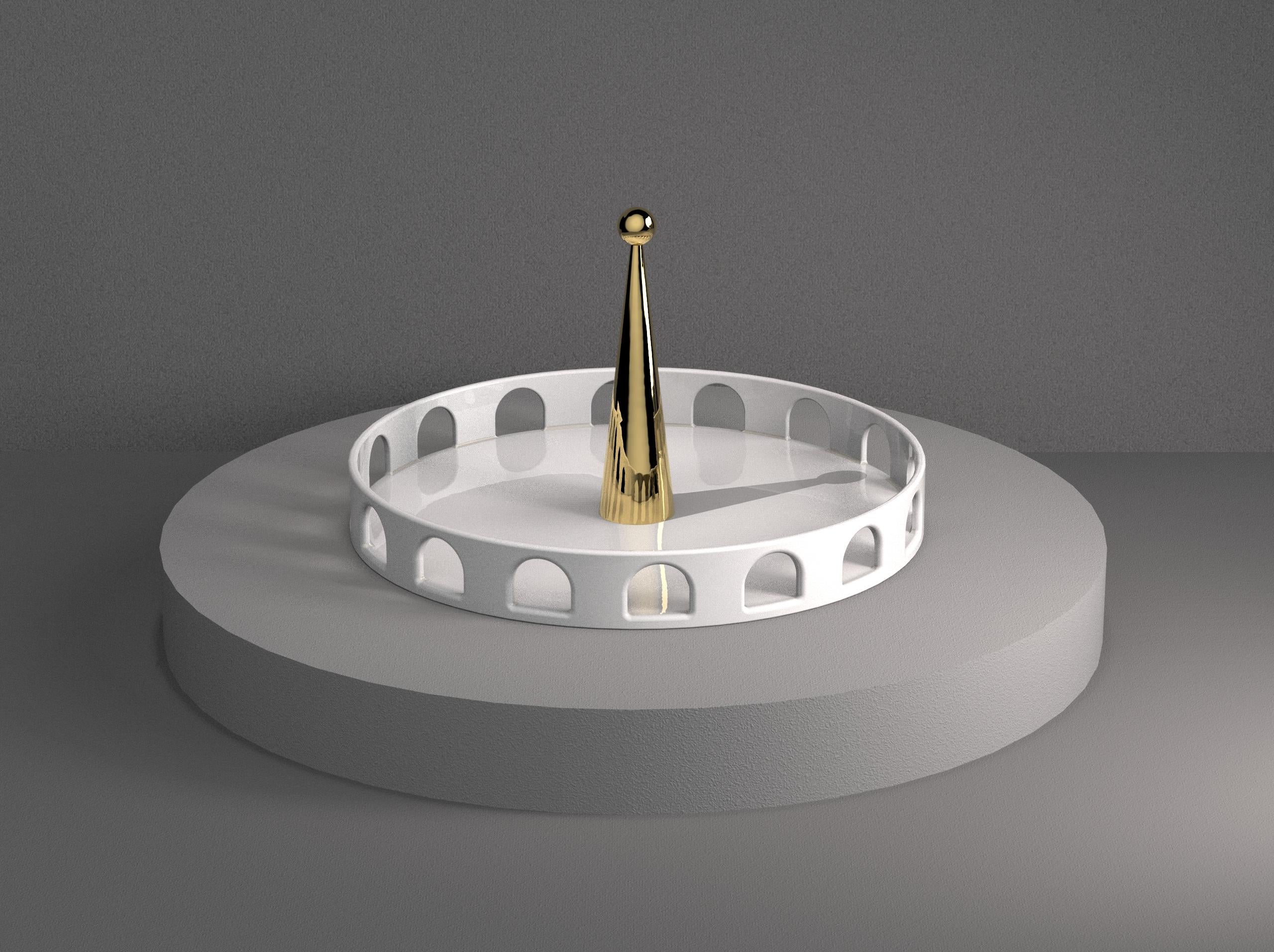 Modern 06:45 _ White Ceramic and 24-K Gold Details Handcrafted Round Tray For Sale