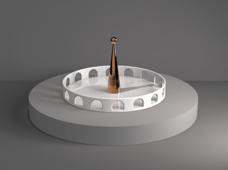 Italian 06:45 _ White Ceramic and Copper Details Handcrafted Round Tray For Sale