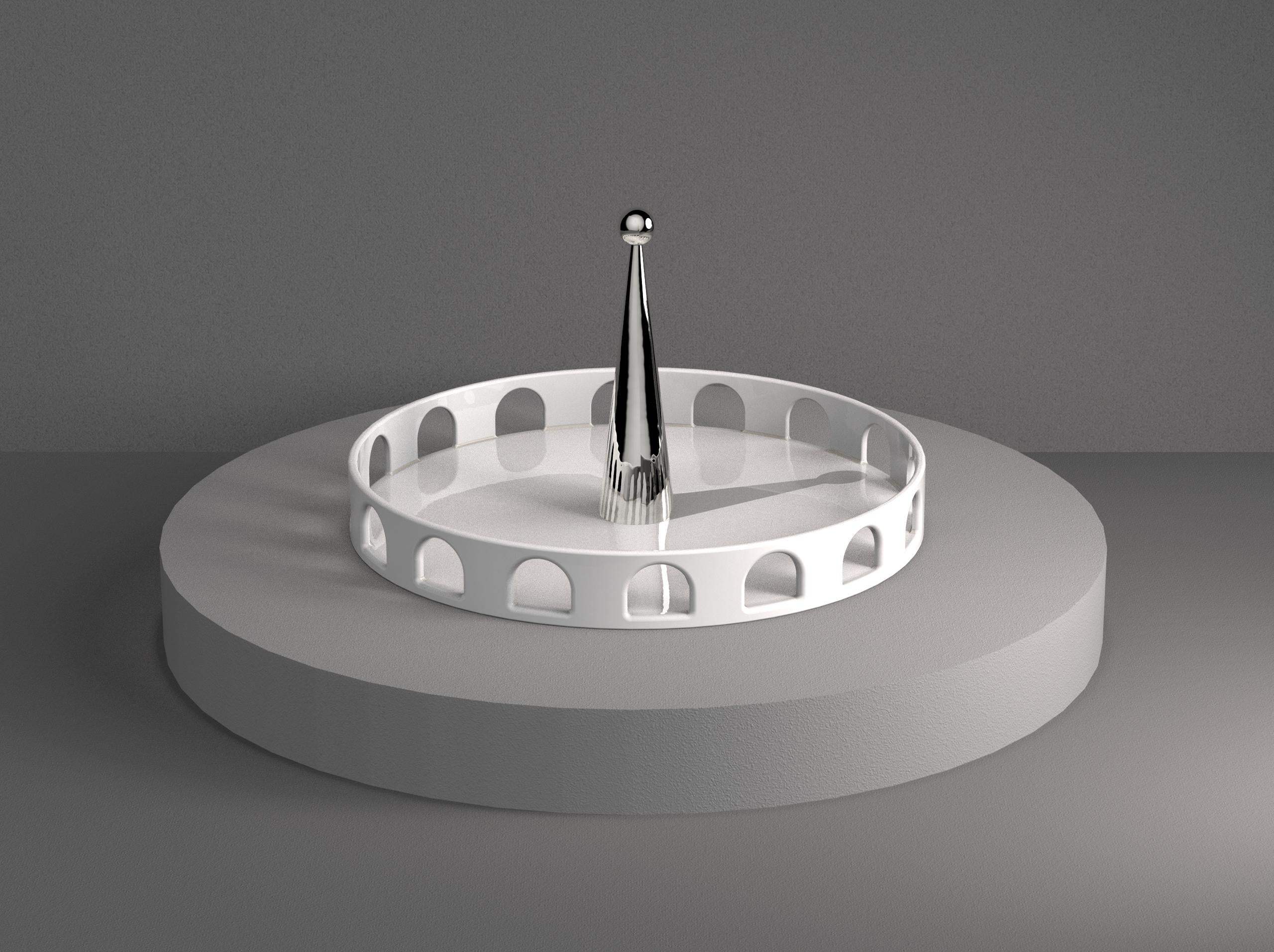 Italian 06:45 _ White Ceramic and Platinum Details Handcrafted Round Tray For Sale
