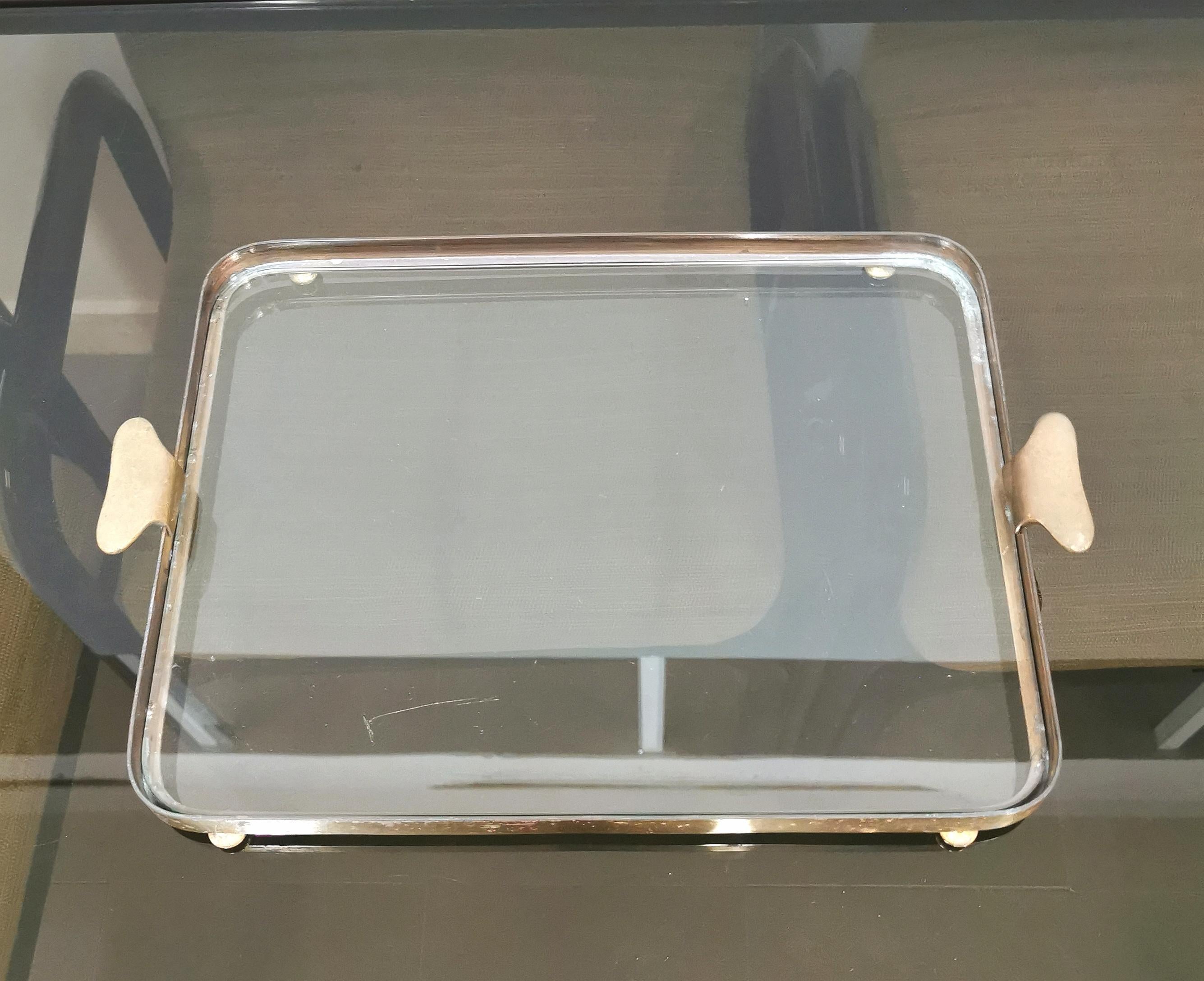 20th Century Tray Brass Glass Rectangular Mid Century Italian Design, 1950s
