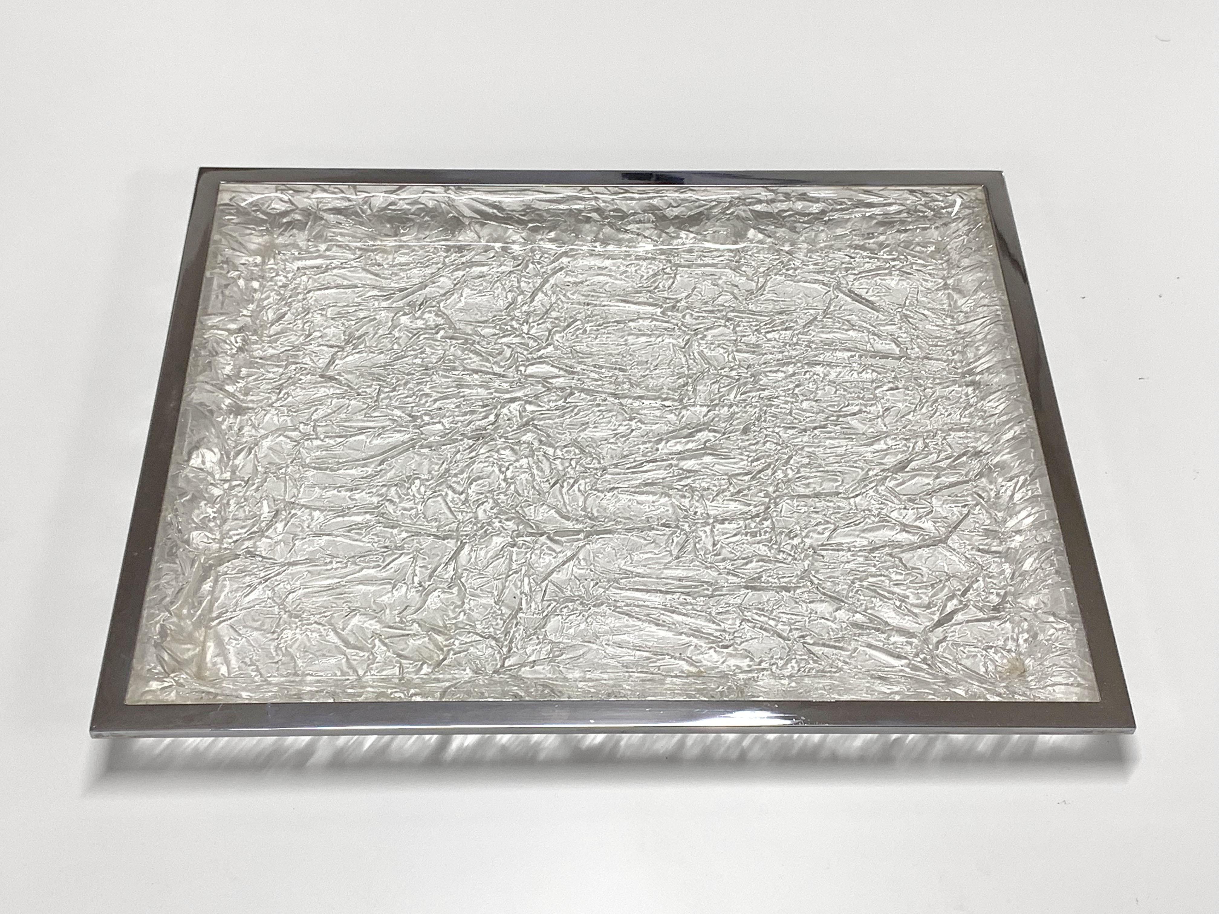 20th Century Tray Centrepiece Ice Effect Tray, Lucite Chrome Willy Rizzo Style, Italy, 1970s