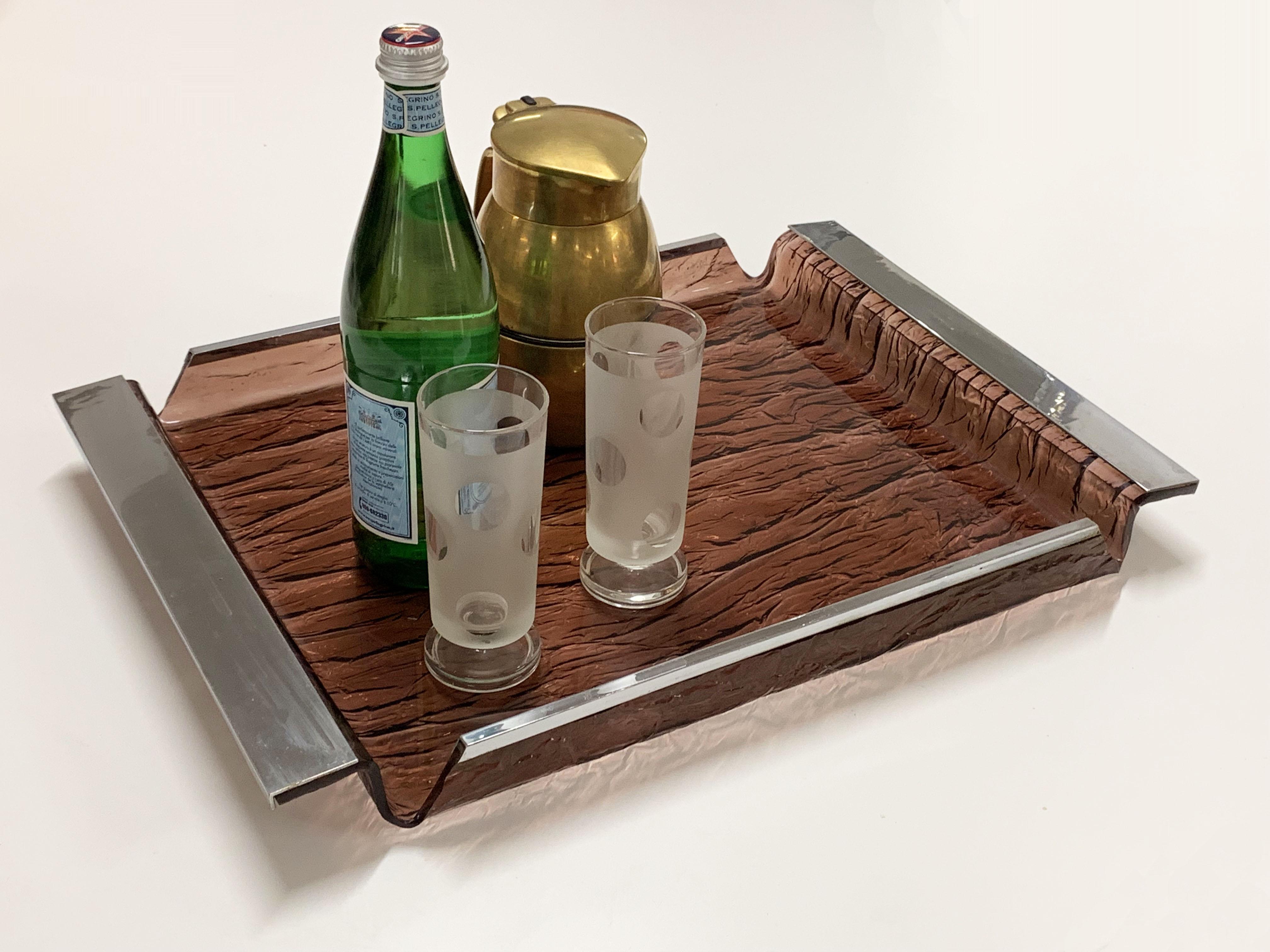 Italian Tray Centrepiece Ice Effect Tray, Lucite Chrome Willy Rizzo Style, Italy, 1970s For Sale