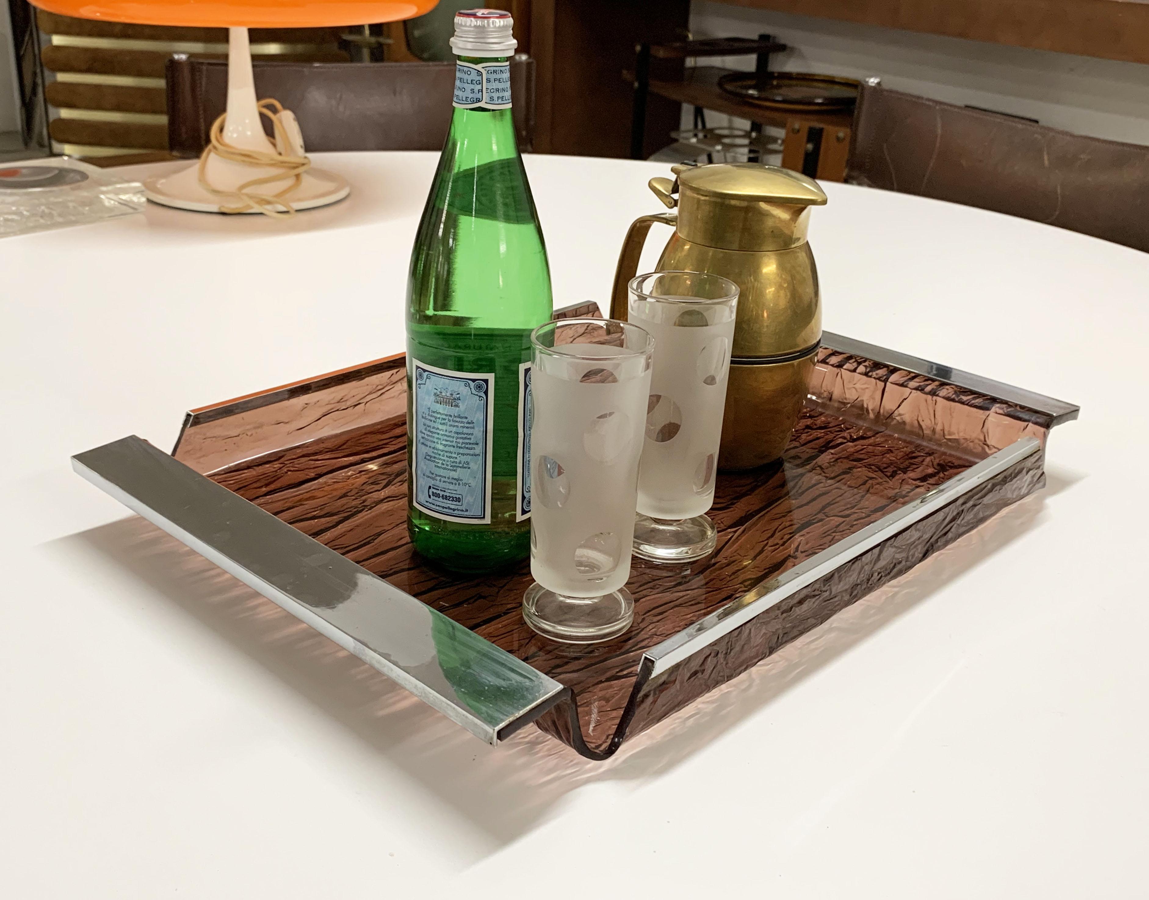 Metal Tray Centrepiece Ice Effect Tray, Lucite Chrome Willy Rizzo Style, Italy, 1970s For Sale