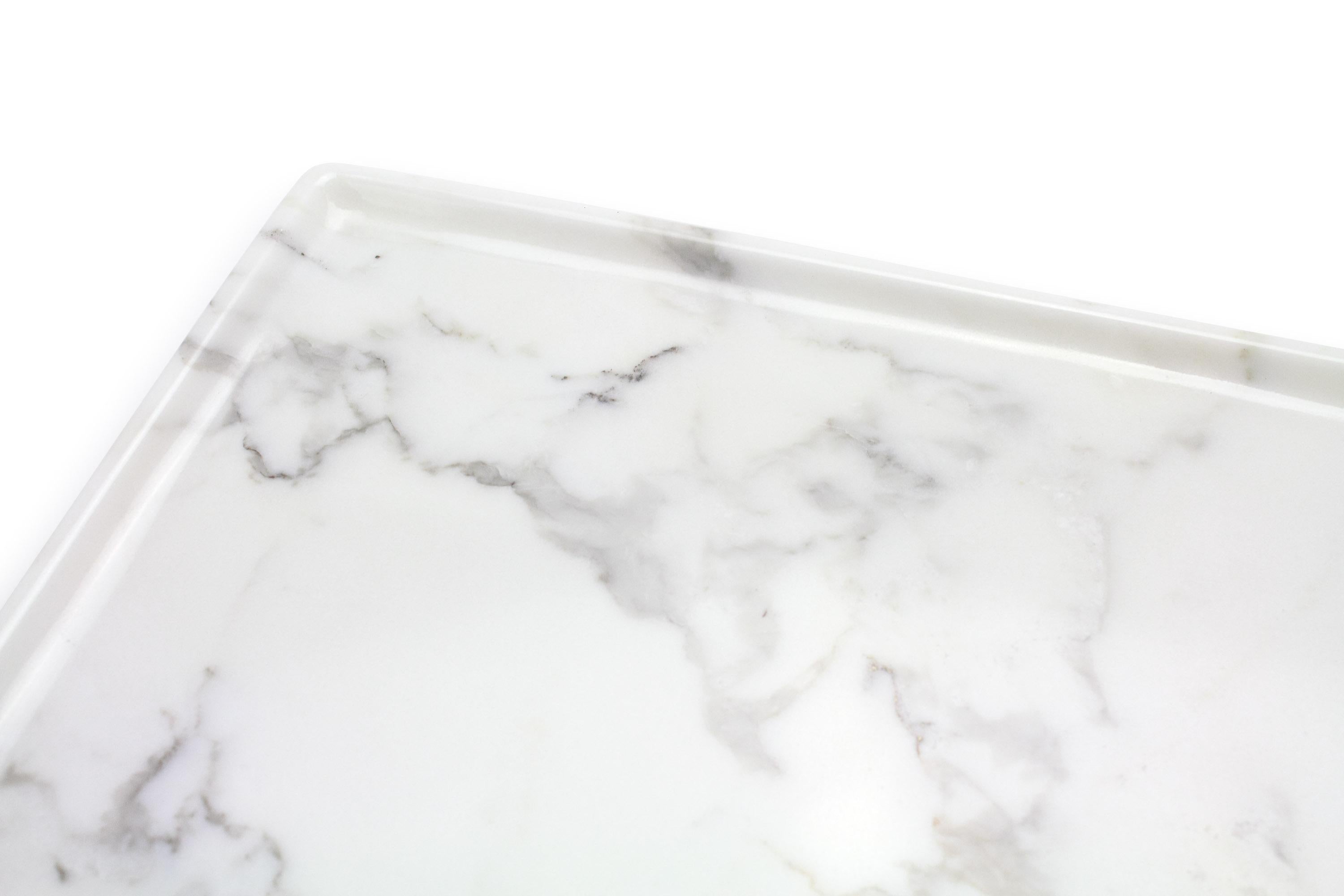 Hand-Carved Tray Hand Carved from Solid Block of White Marble, Rectangular, Made in Italy For Sale