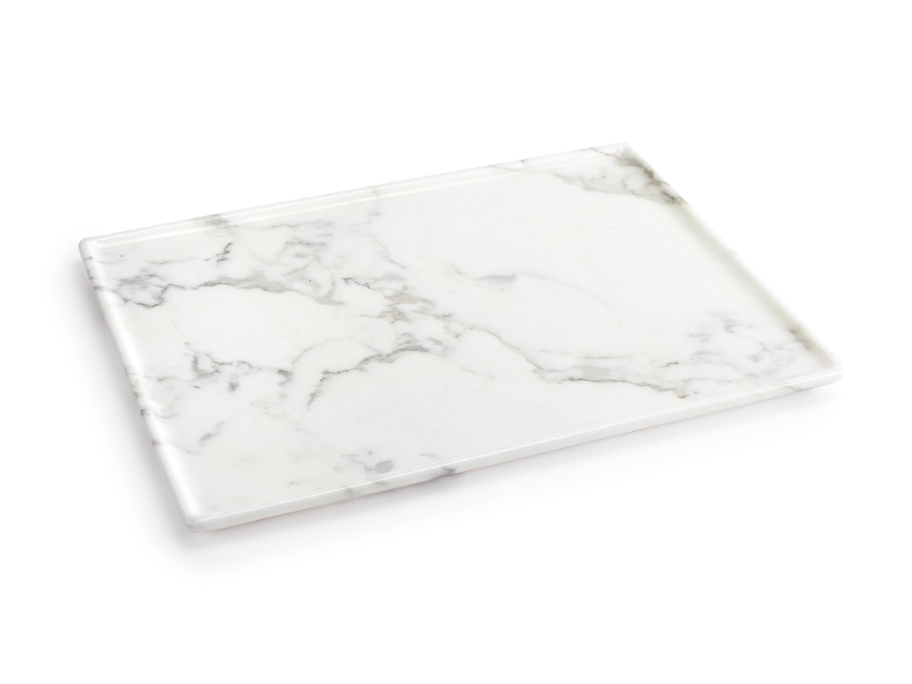 Contemporary Tray Hand Carved from Solid Block of White Marble, Rectangular, Made in Italy For Sale