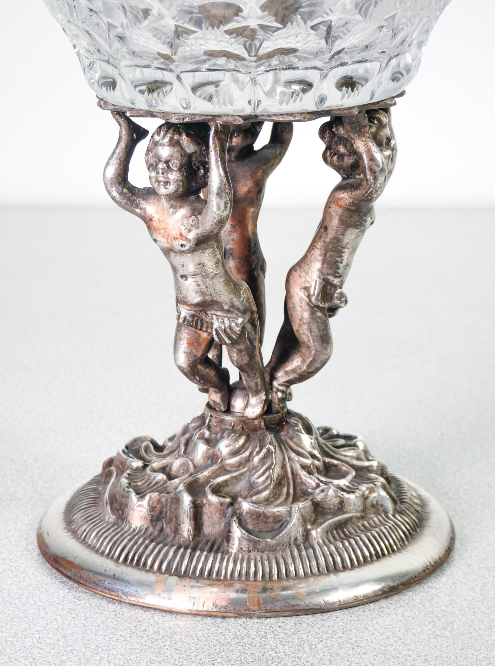 Sheffield Plate Tray in Cut Crystal Base with Sculptures of Putti in Sheffield, Early 20th C. For Sale